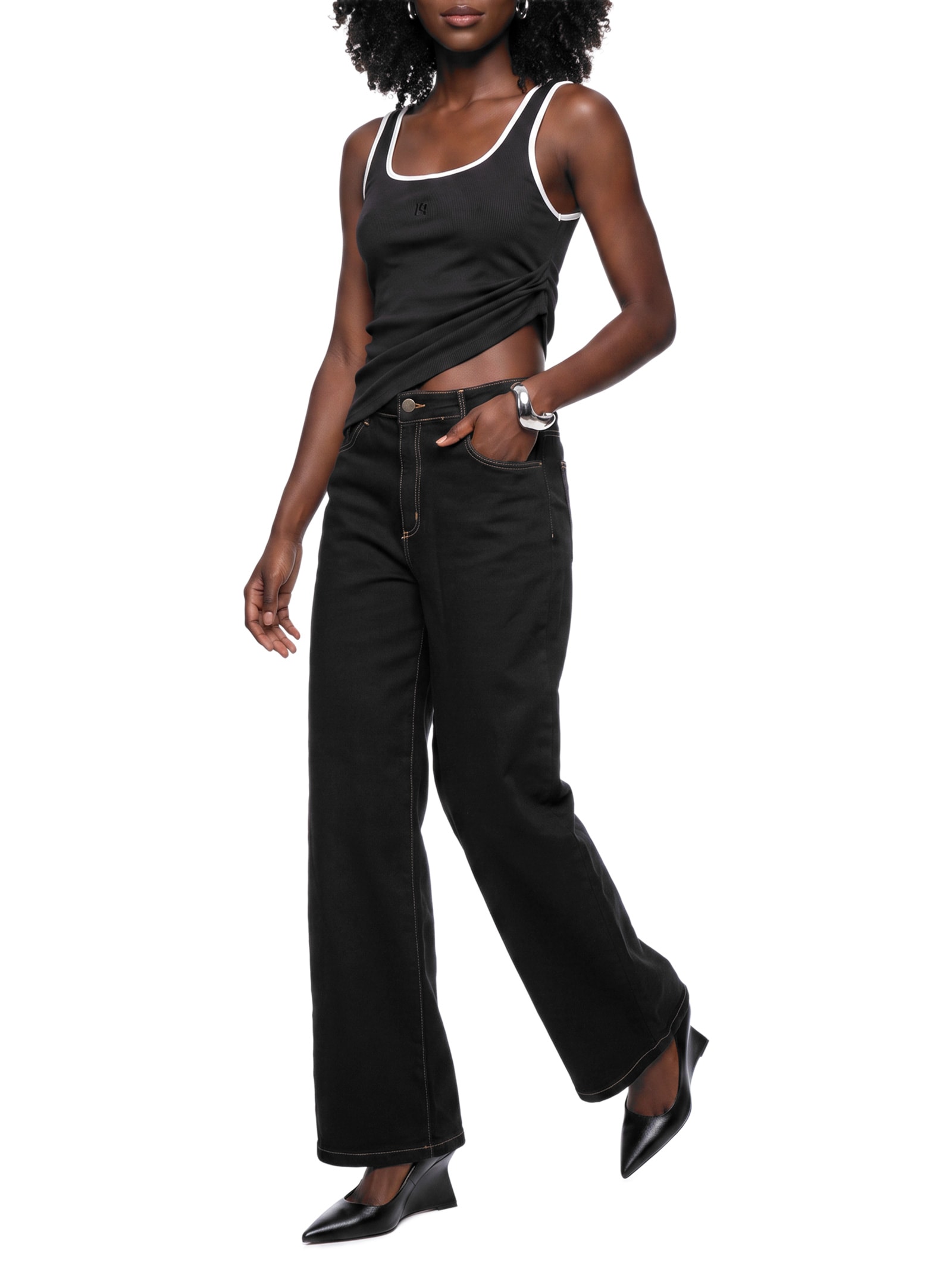 Calça Feminina Jeans Relaxed Cintura Média Preto Lança Perfume