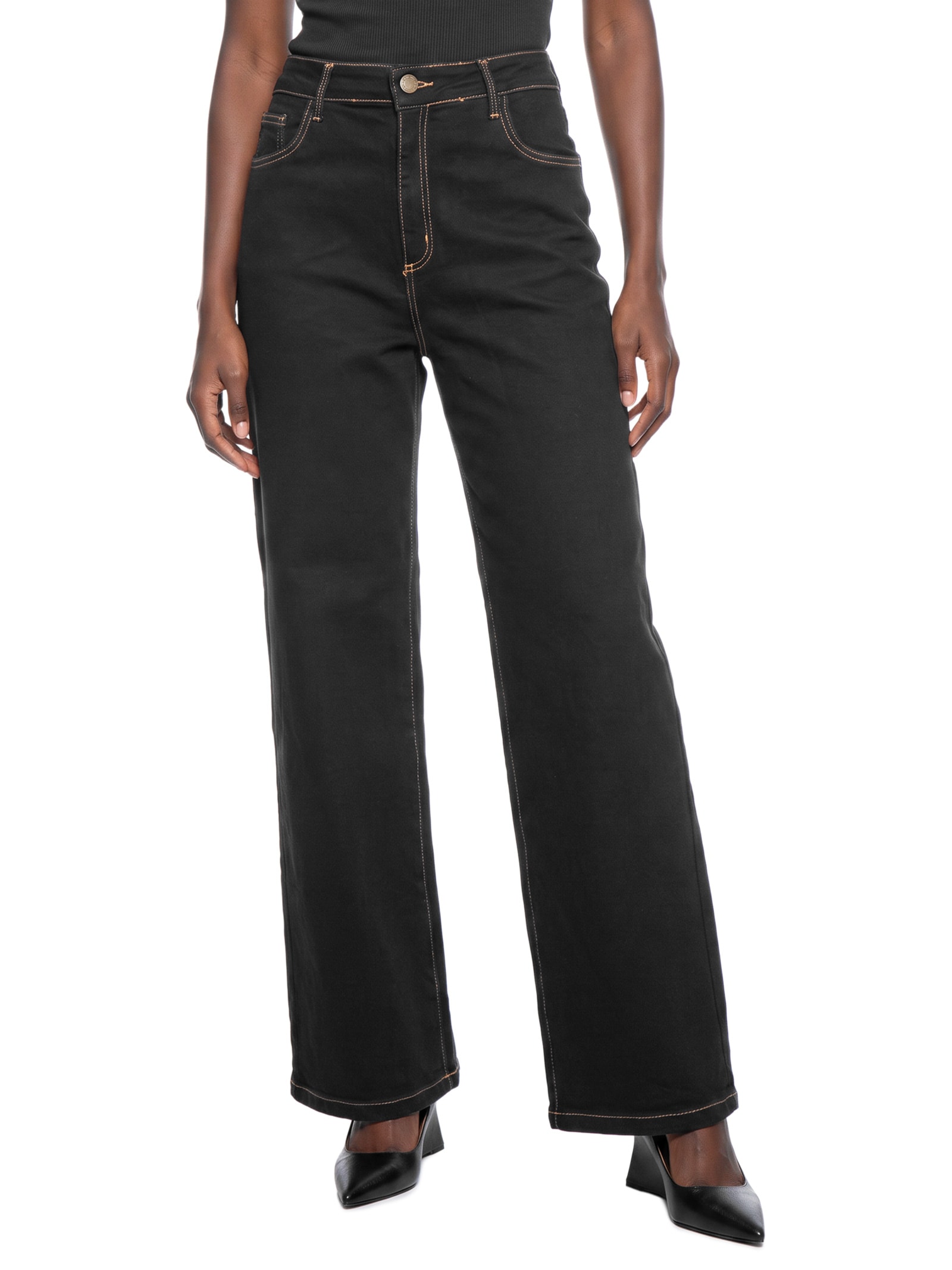 Calça Feminina Jeans Relaxed Cintura Média Preto Lança Perfume