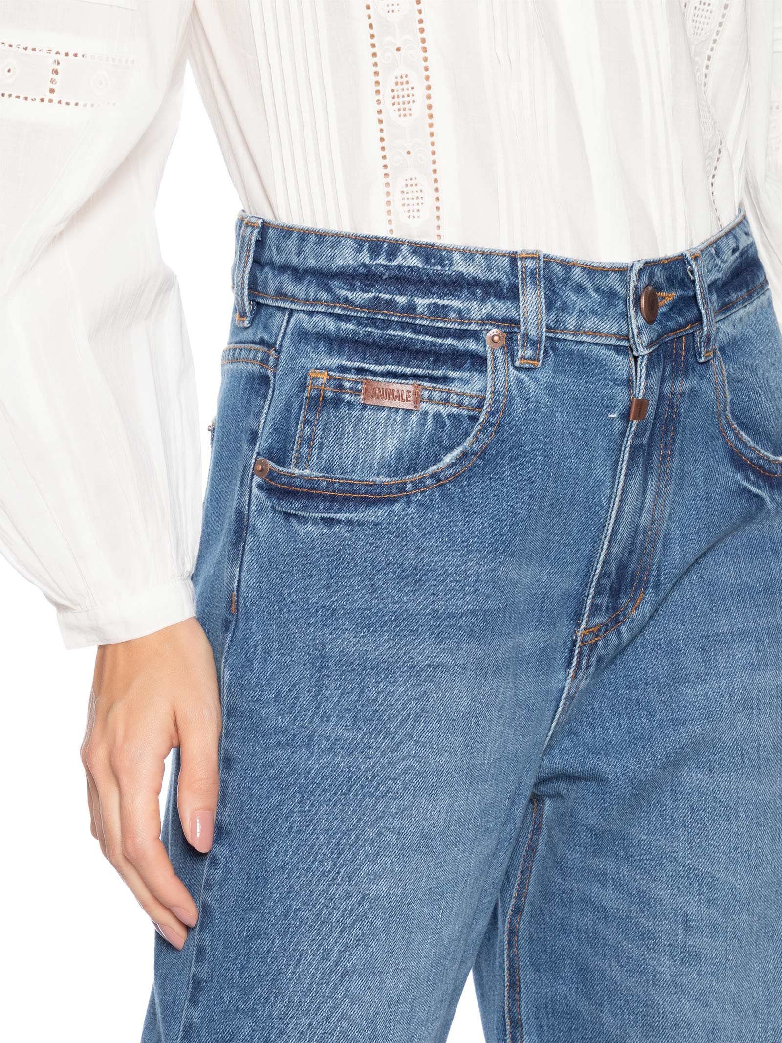 Calça Feminina Jeans Reta Barra Dobrada Azul Animale