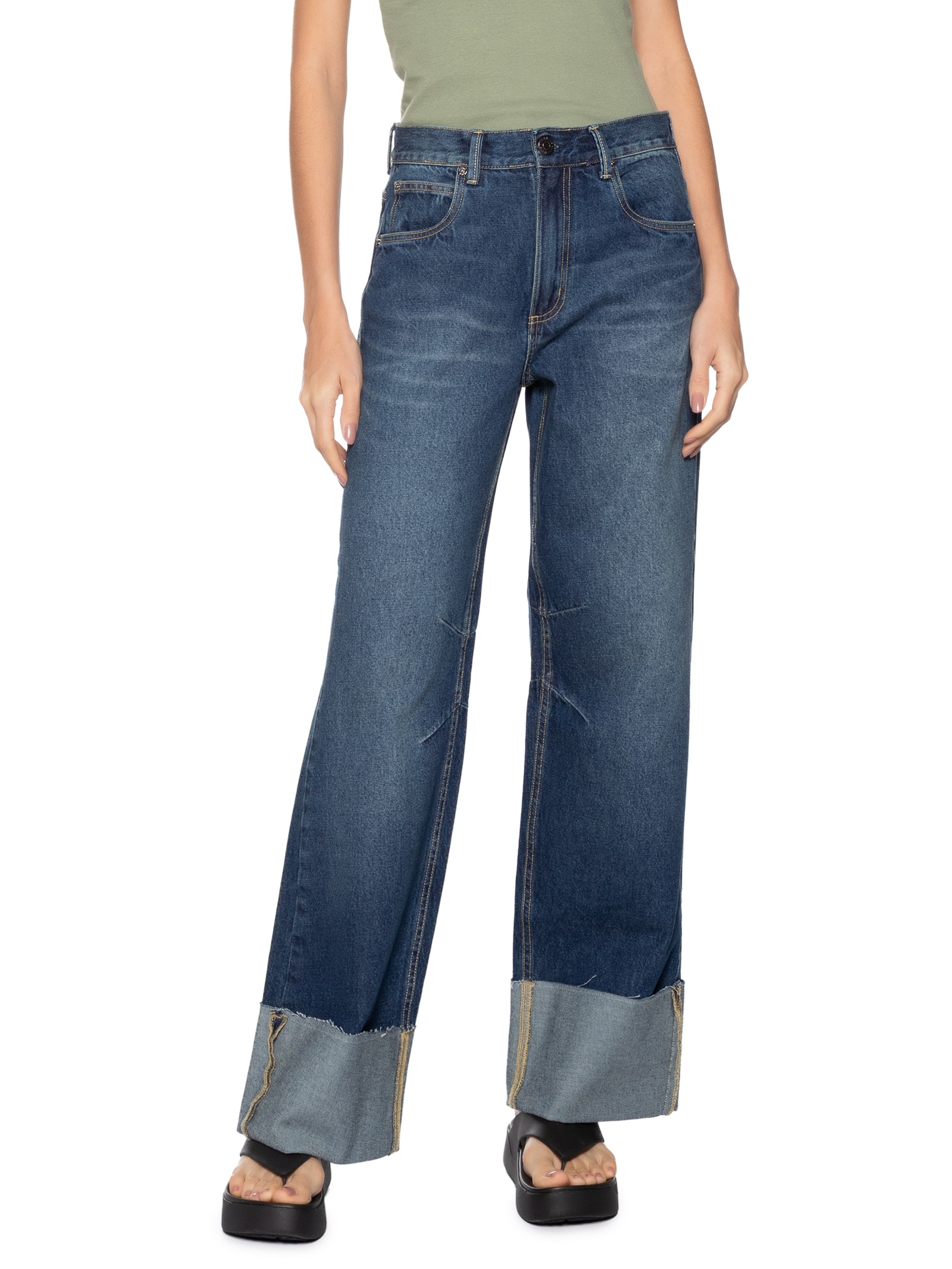 Calça Feminina Jeans Reta Barra Dobrada Azul Animale Jeans