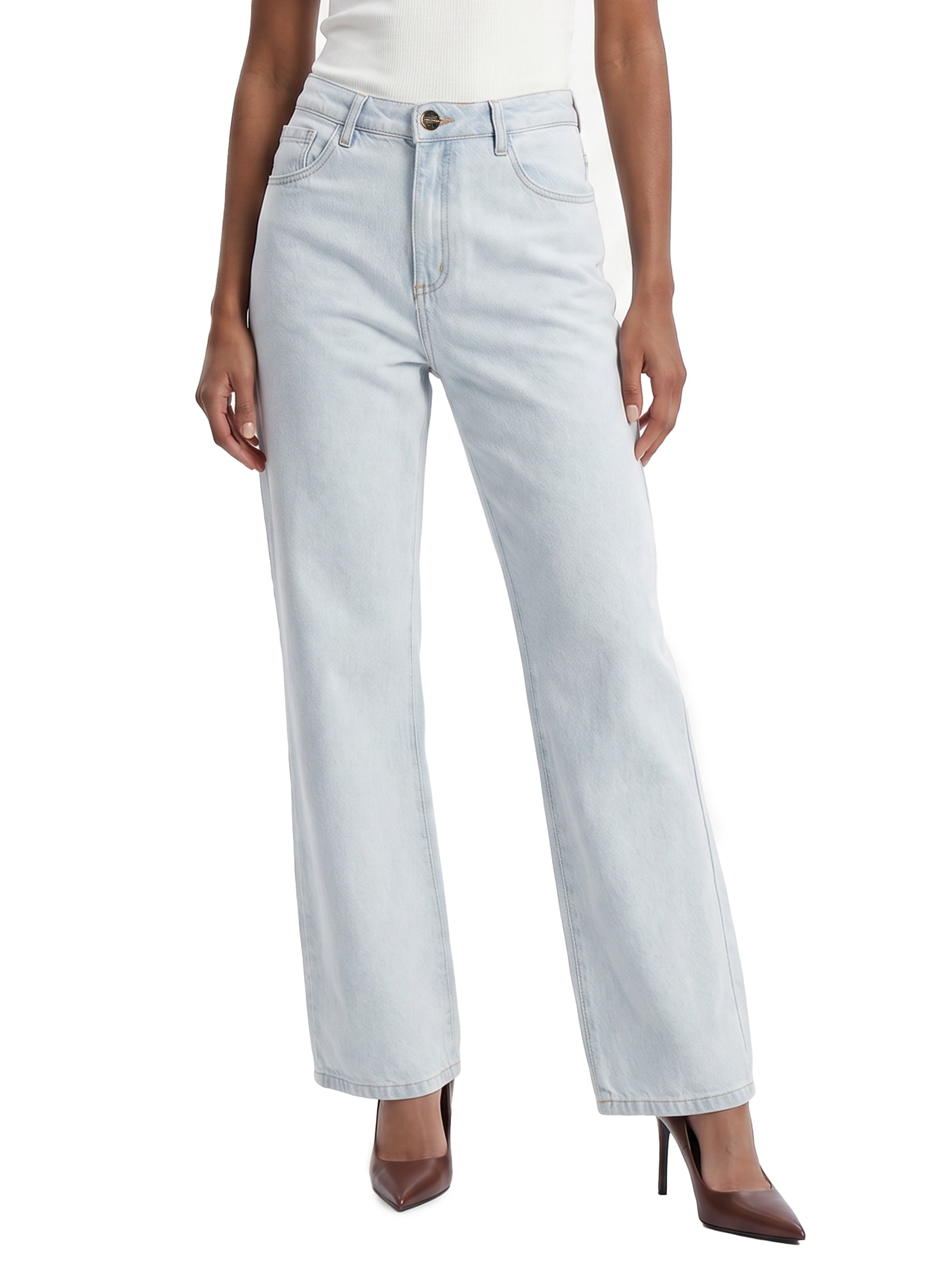 Calça Feminina Jeans Reta Cintura Alta Azul Lança Perfume