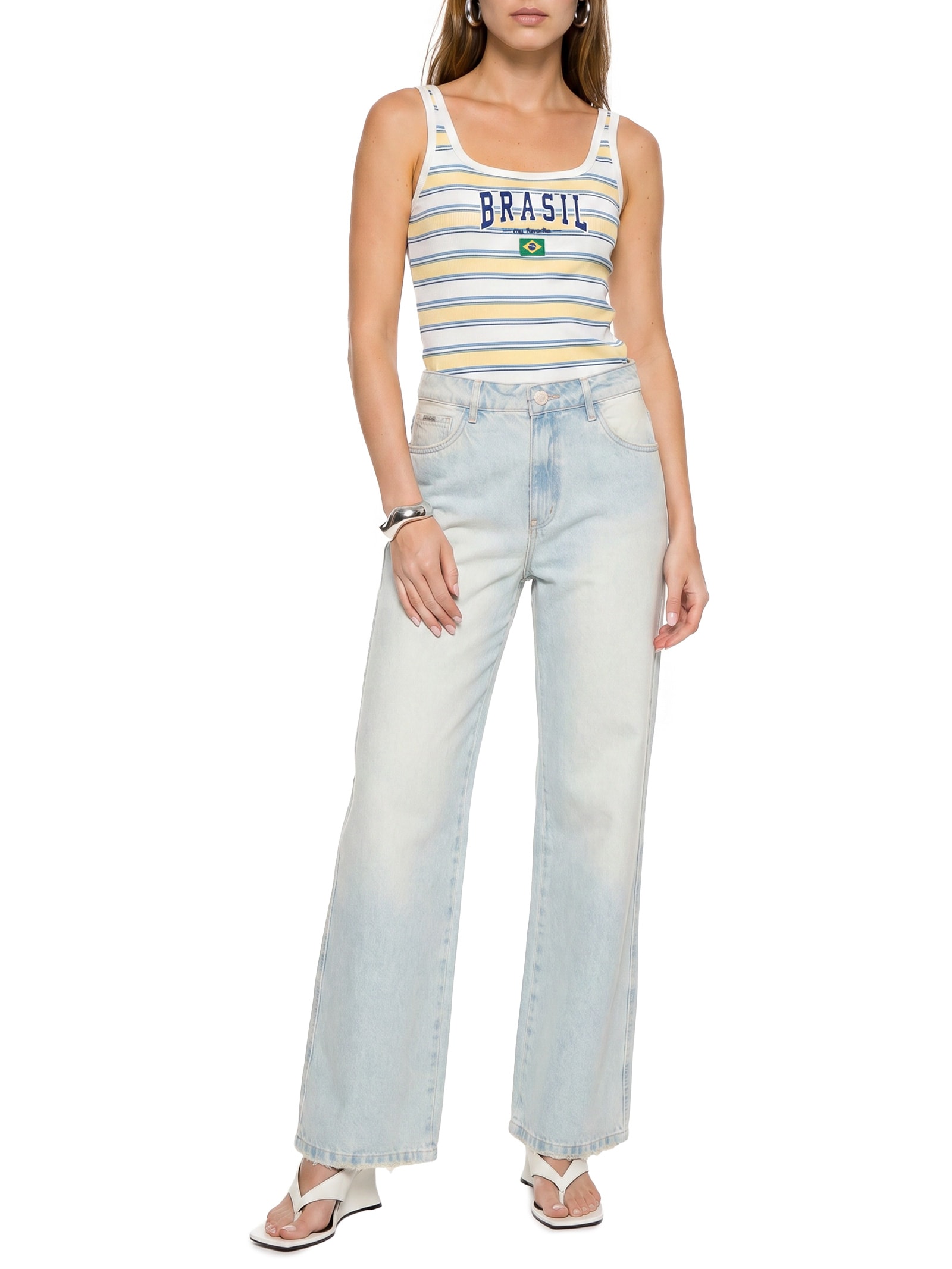 Calça Feminina Jeans Reta Cintura Média Brasil Azul My Favorite