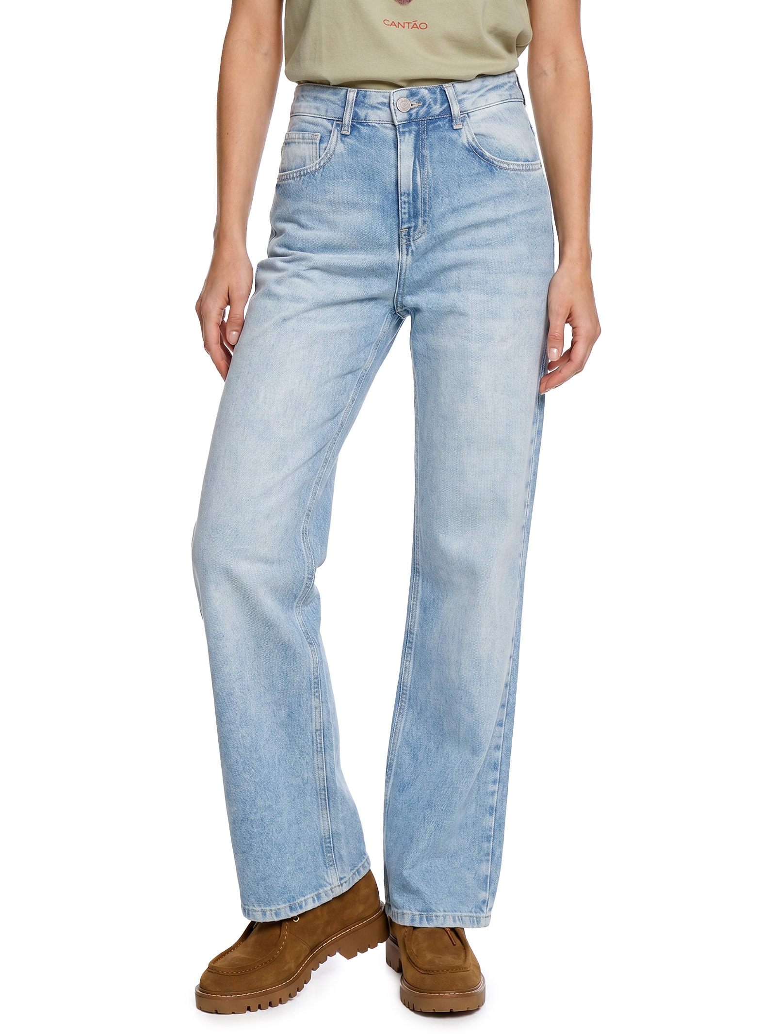 Calça Feminina Jeans Reta Destroyed Azul Cantão
