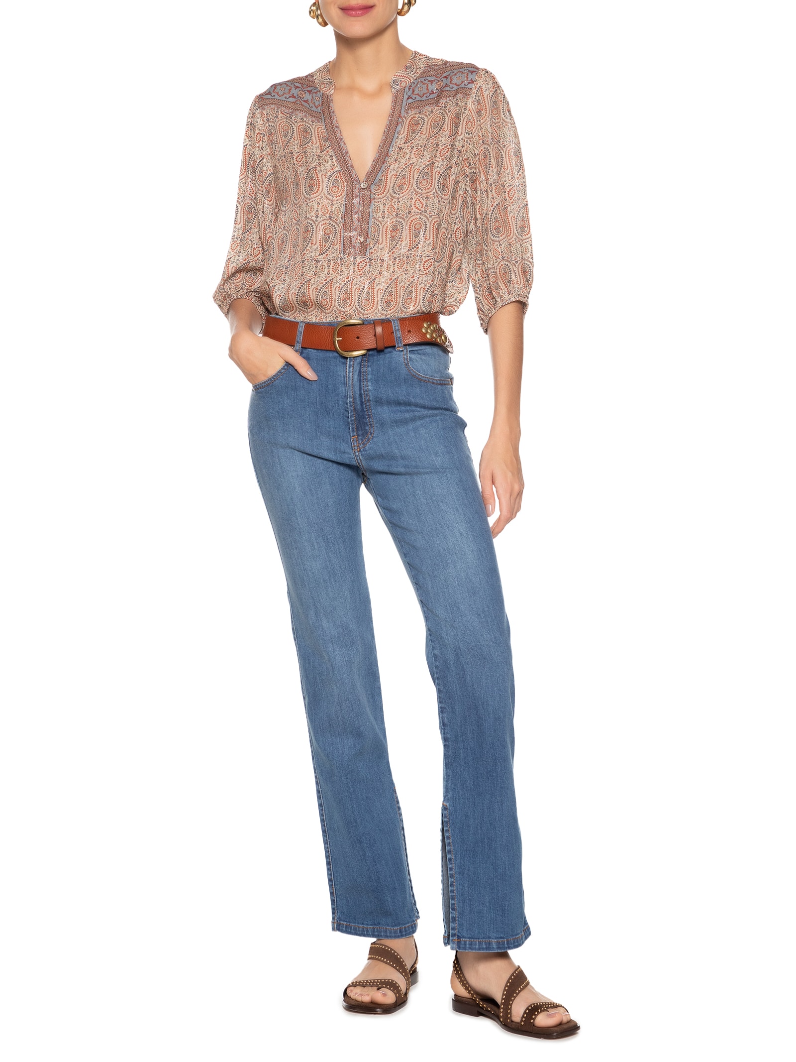 Calça Feminina Jeans Reta Fenda Azul Maria Filó