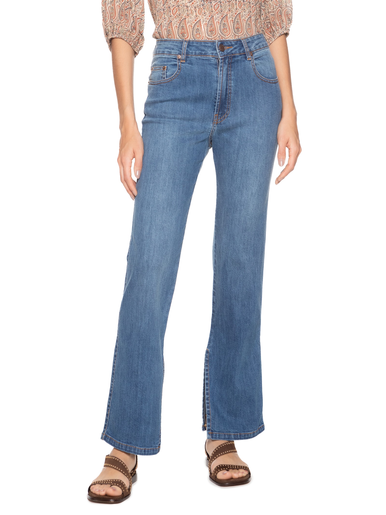 Calça Feminina Jeans Reta Fenda Azul Maria Filó