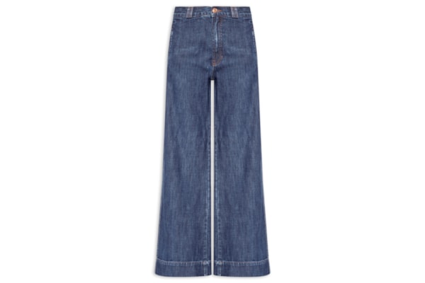 Calça Feminina Jeans Reta Recorte Lateral - Azul