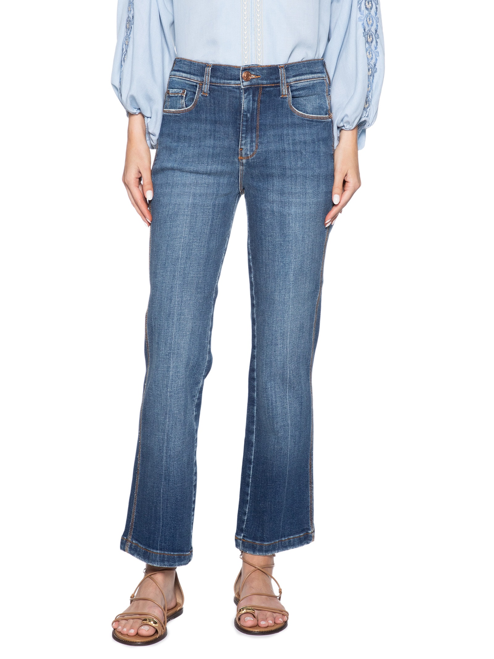 Calça Feminina Jeans Reta Used Vinco Azul Maria Filó