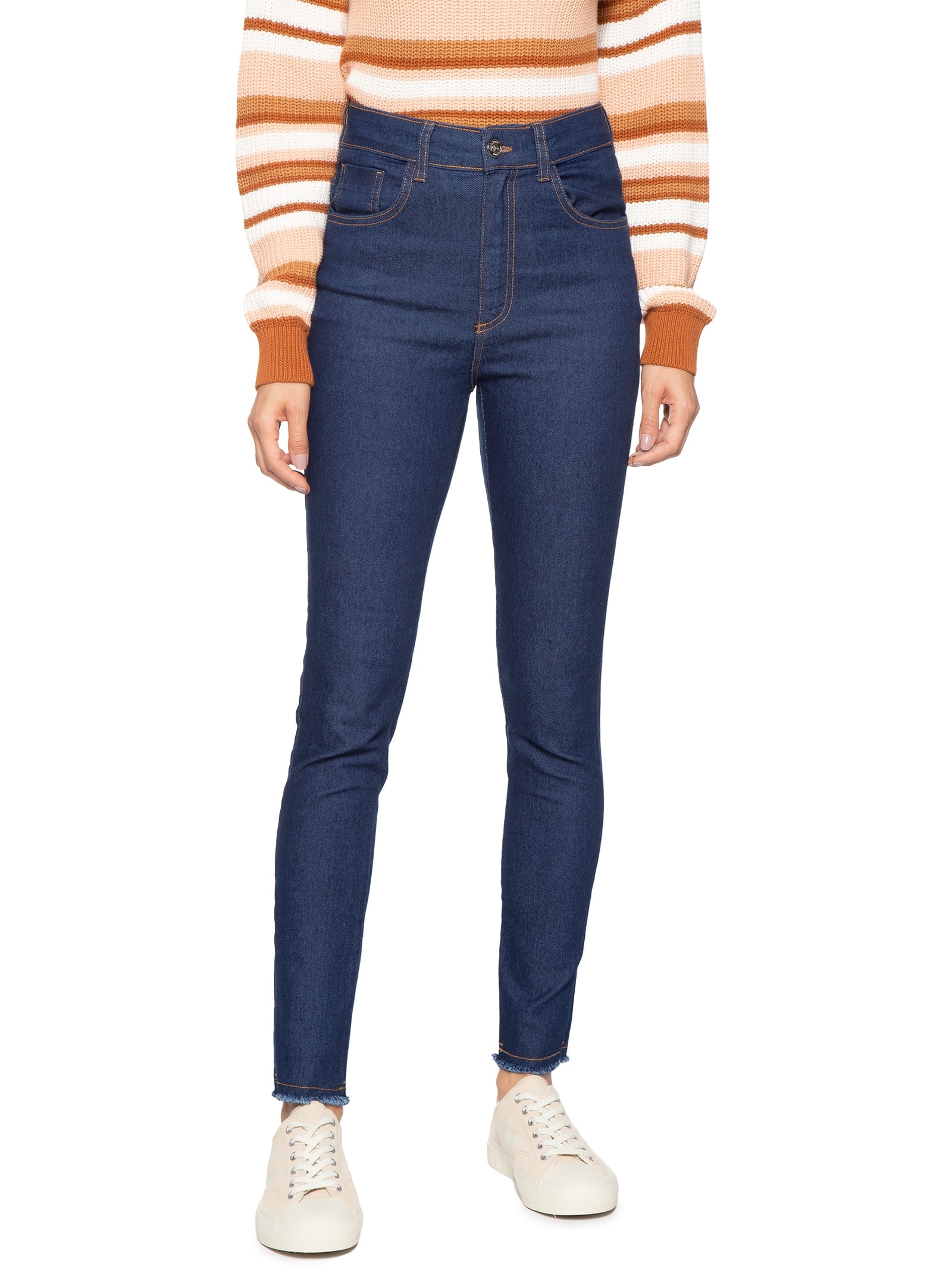 Calça Feminina Jeans Skinny Barra Desfiada Azul Mob