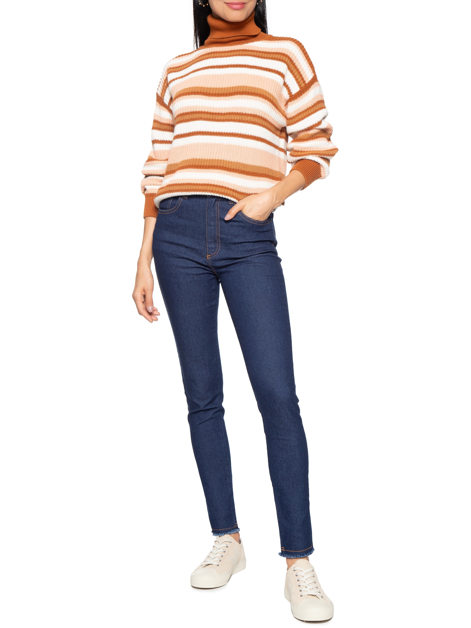 Calça Feminina Jeans Skinny Barra Desfiada Azul Mob