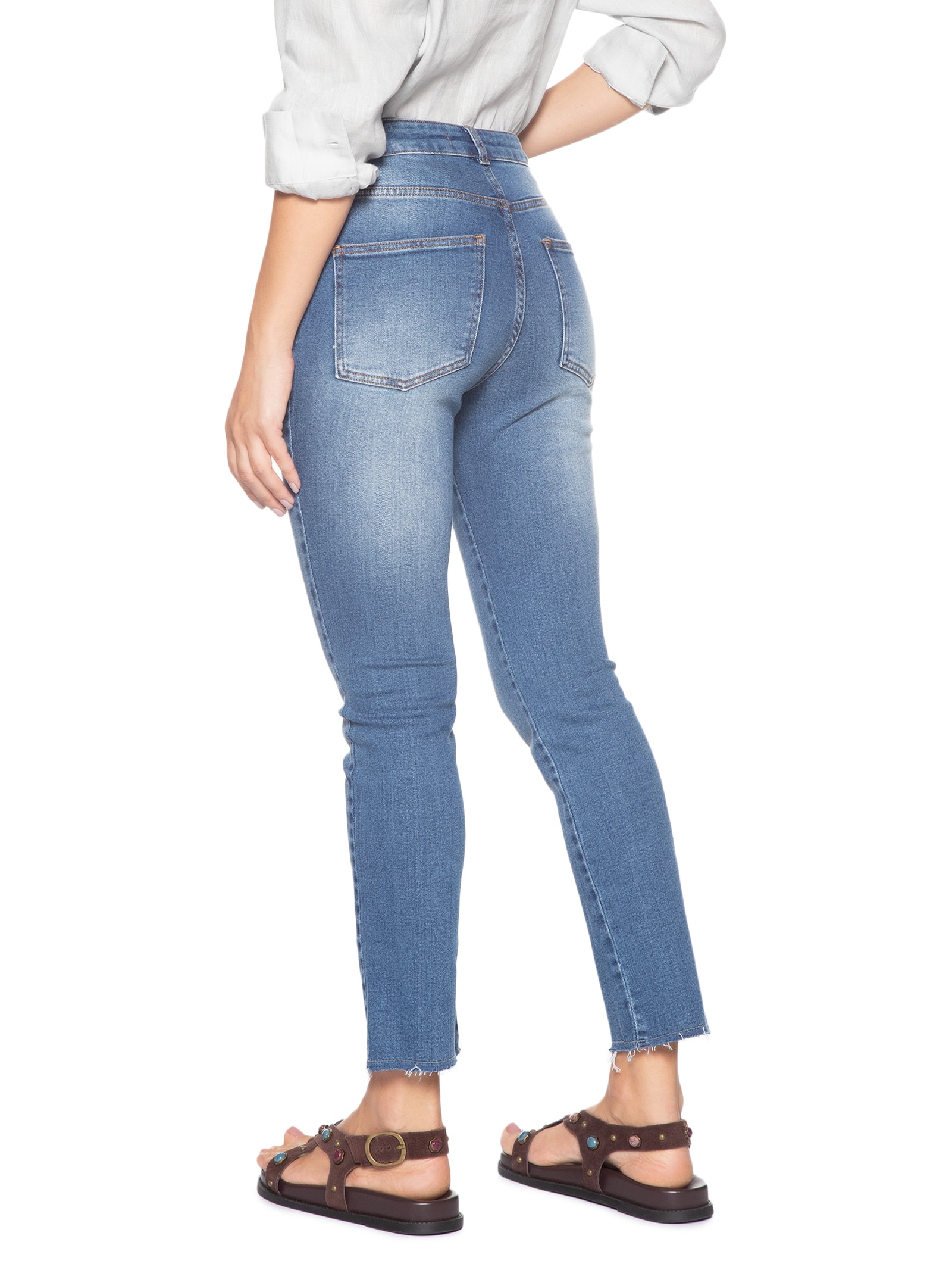 Calça Feminina Jeans Slim Barra Desfiada Azul Maria Filó