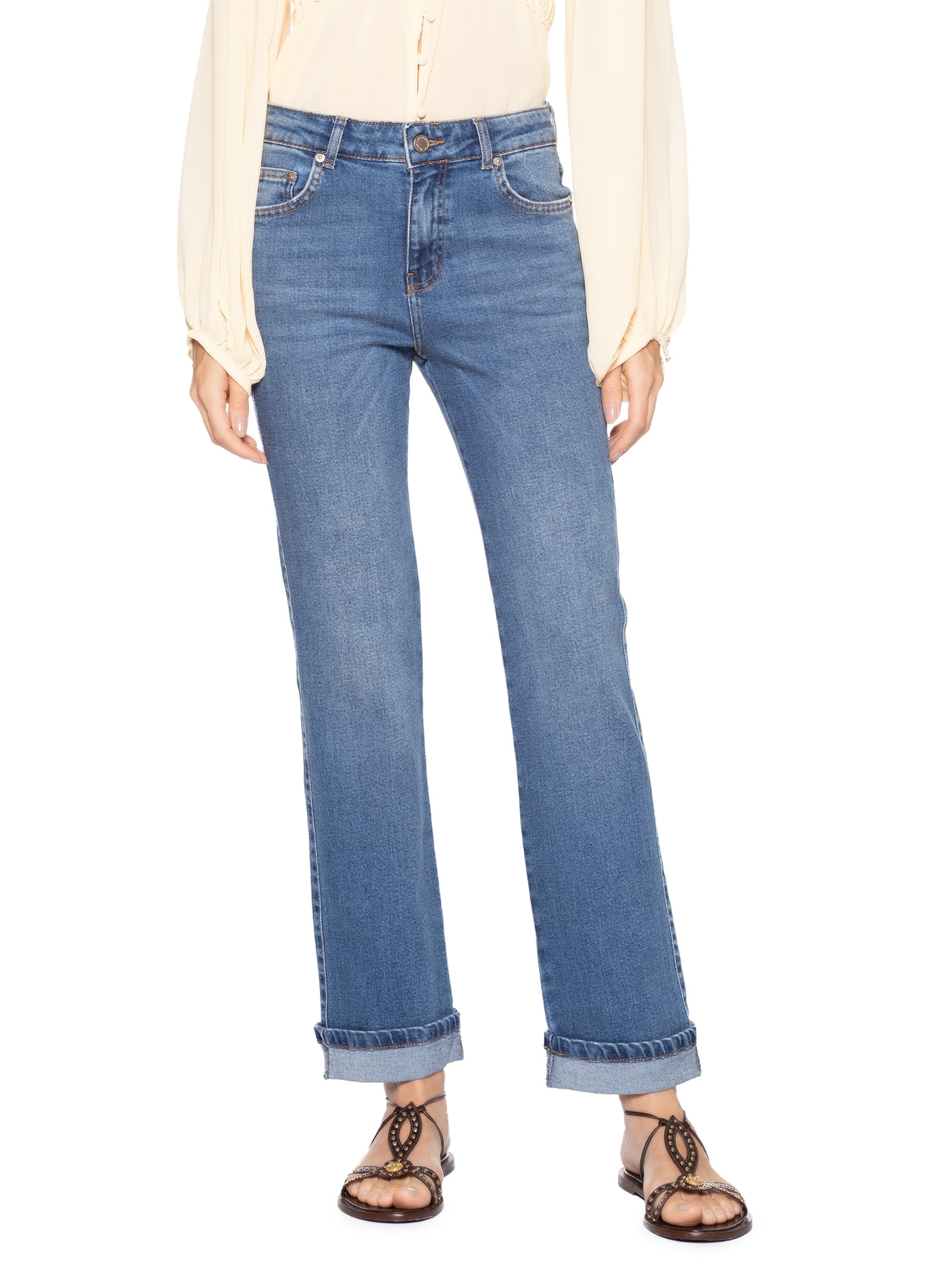 Calça Feminina Jeans Slim Barra Virada Azul Maria Filó