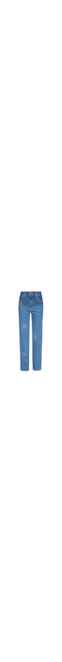 Calça Feminina Jeans Straight Recorte Hot Fix - Azul