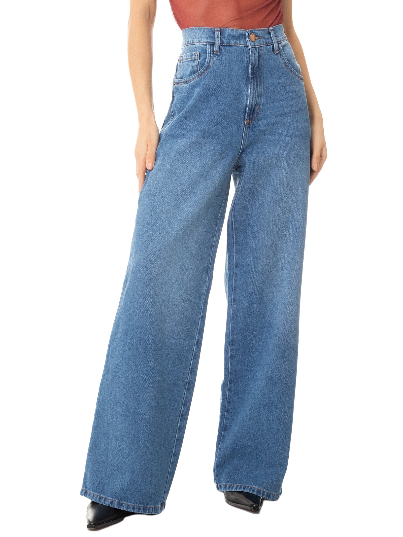 Calça Feminina Jeans Wide Leg Azul Lança Perfume