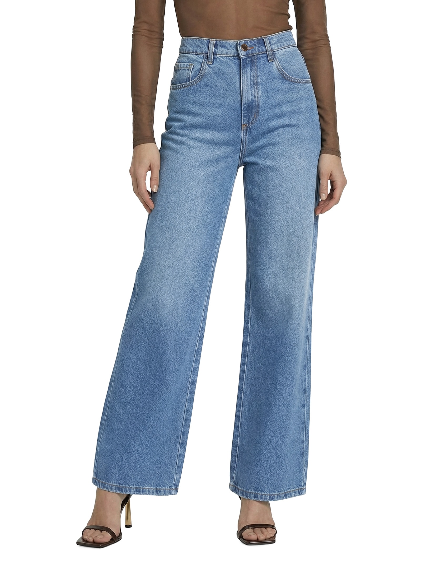 Calça Feminina Jeans Wide Leg Azul Lança Perfume