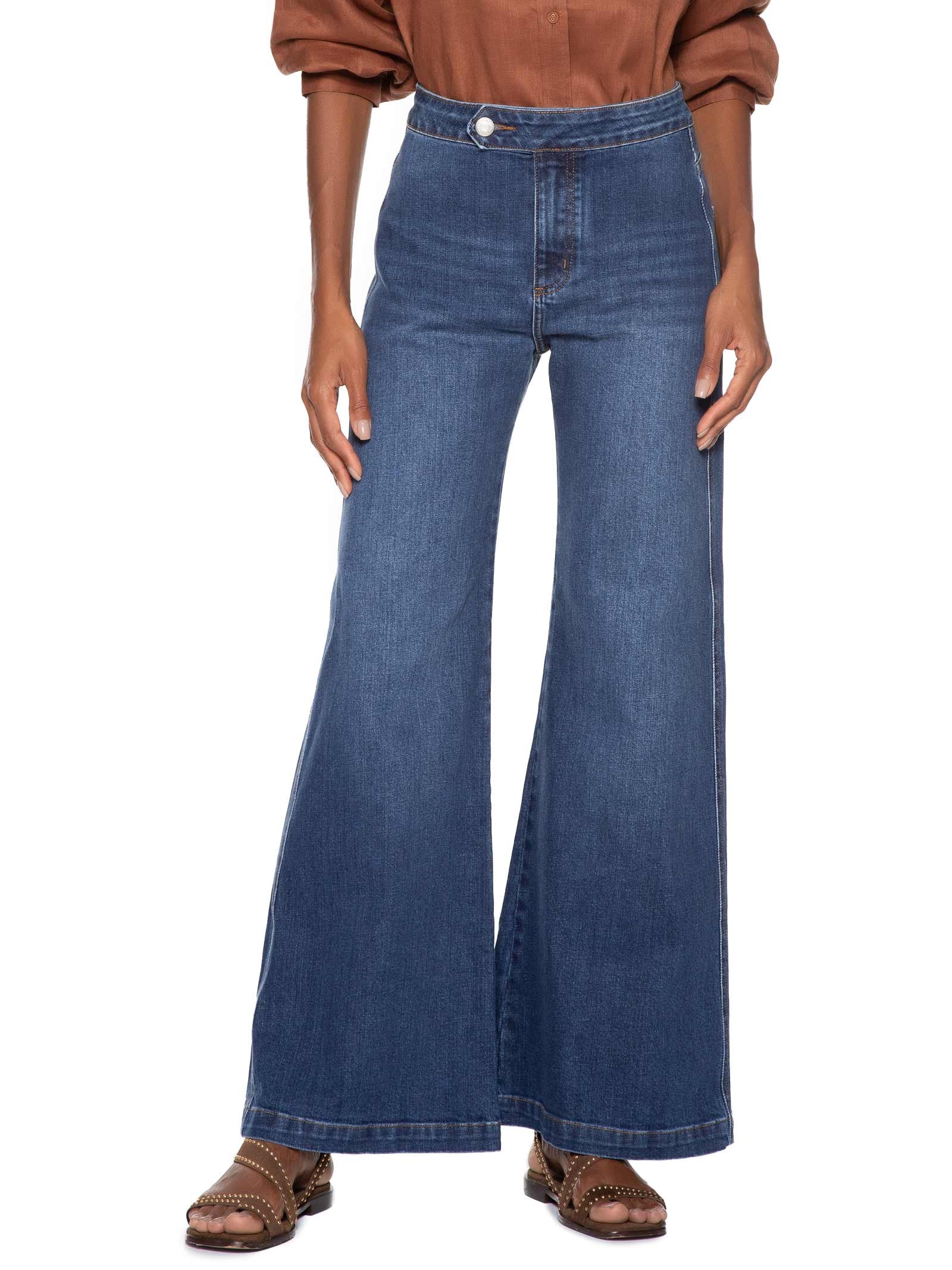 Calça Feminina Jeans Wide Leg Cós Aleta Azul Maria Filó