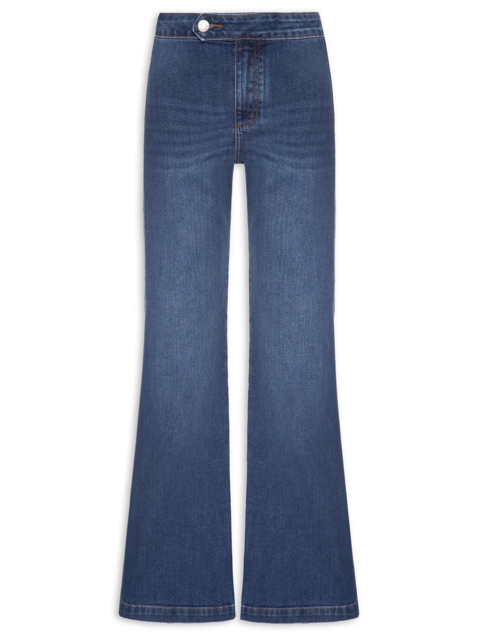 Calça Feminina Jeans Wide Leg Cós Aleta Azul Maria Filó
