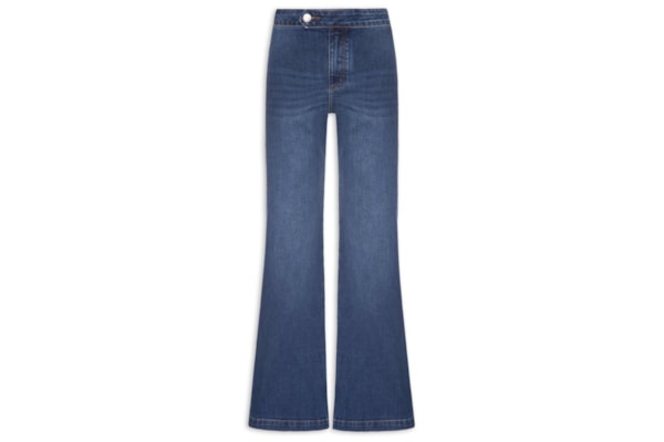 Calça Feminina Jeans Wide Leg Cós Aleta - Azul