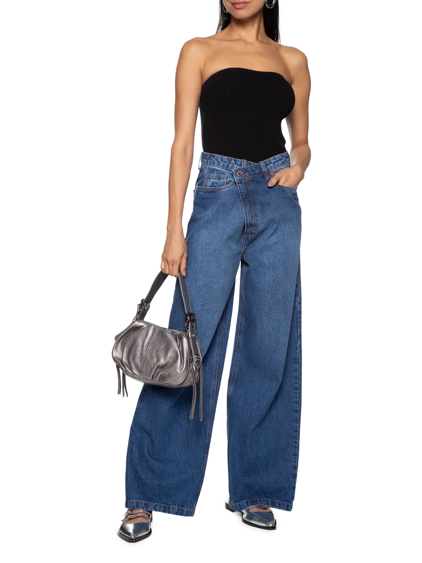 Canal Calça Feminina Jeans Wide Leg Cós Transpassado Azul