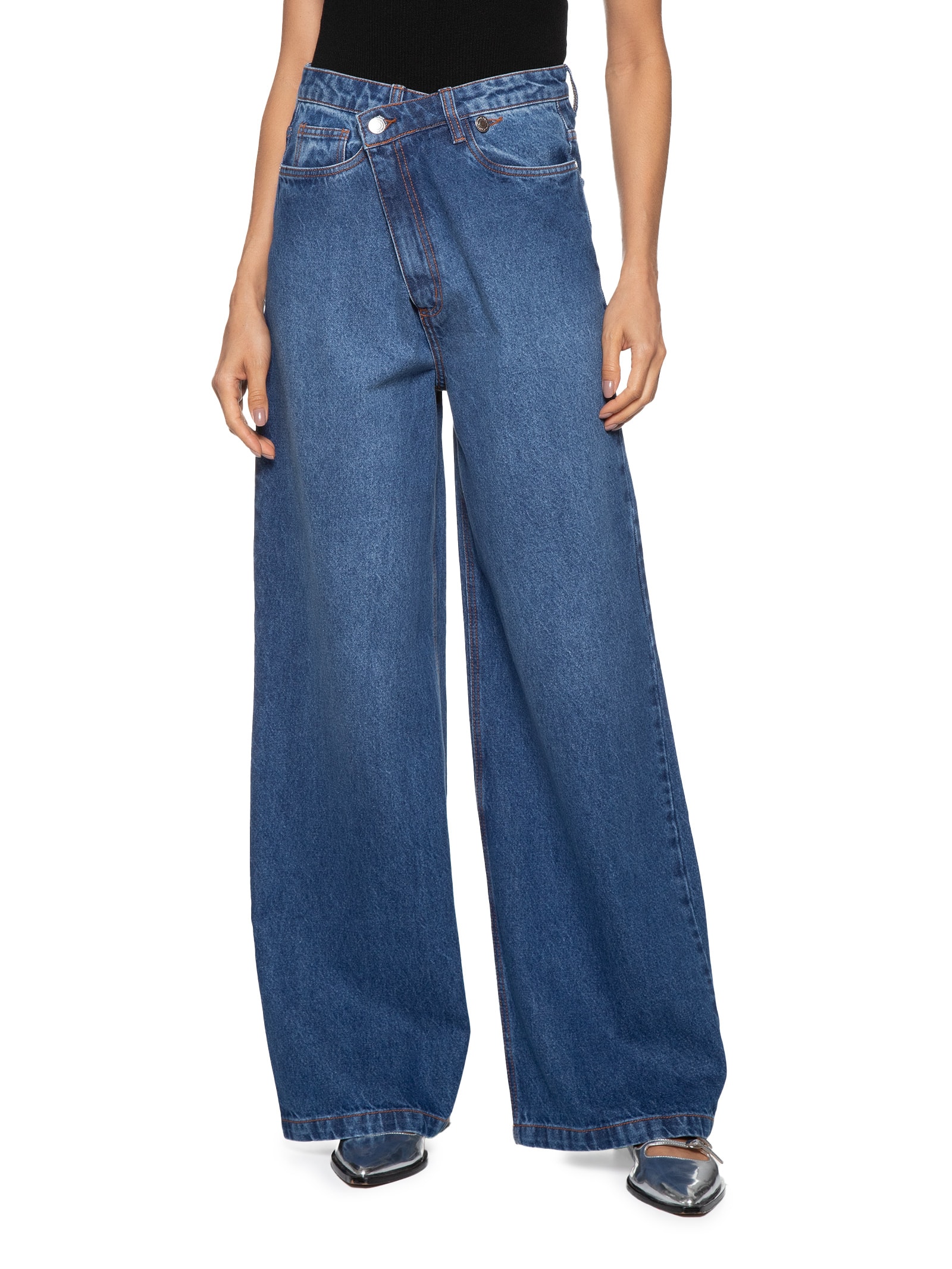 Canal Calça Feminina Jeans Wide Leg Cós Transpassado Azul
