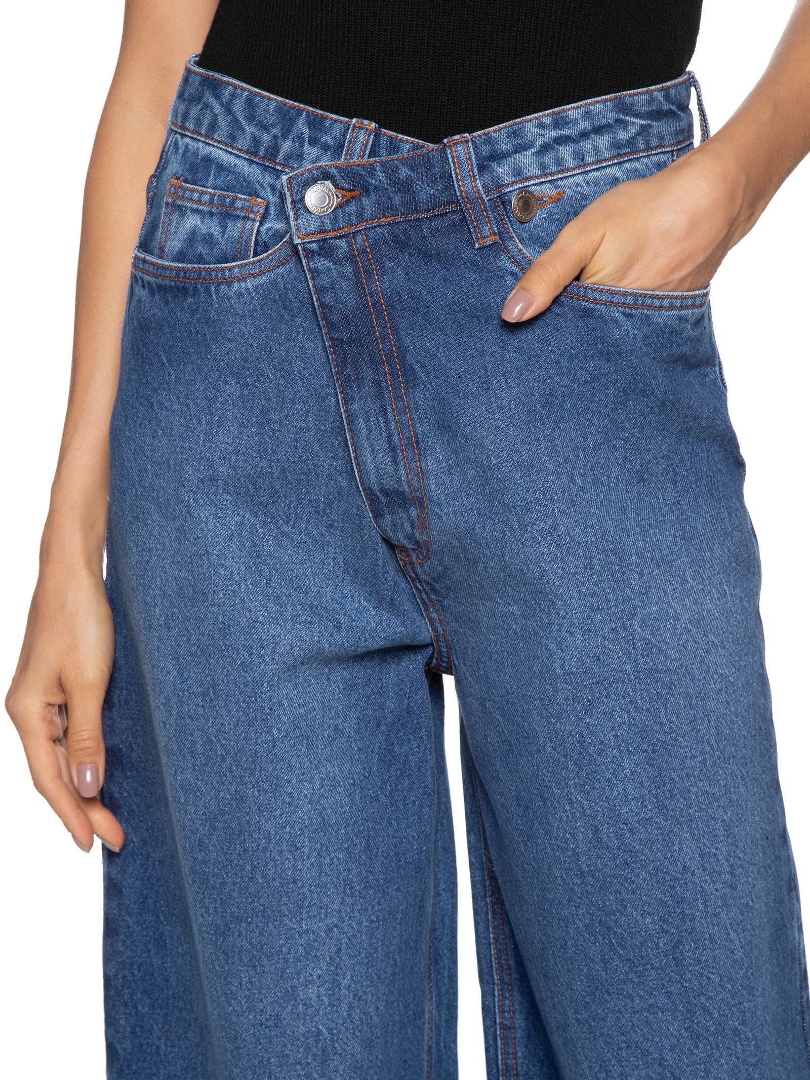 Canal Calça Feminina Jeans Wide Leg Cós Transpassado Azul