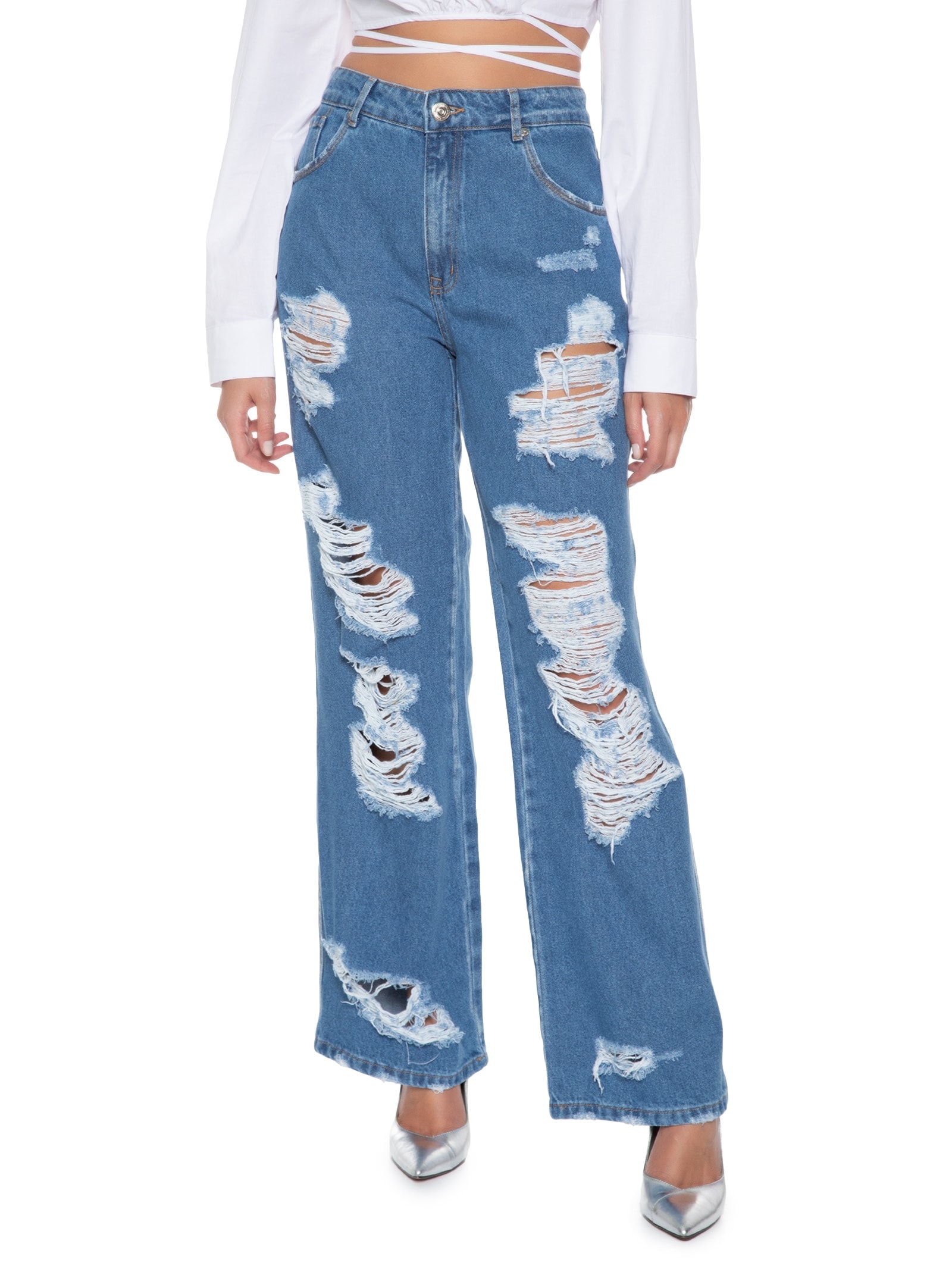 Calça Feminina Jeans Wide Leg High Azul My Favorite Things