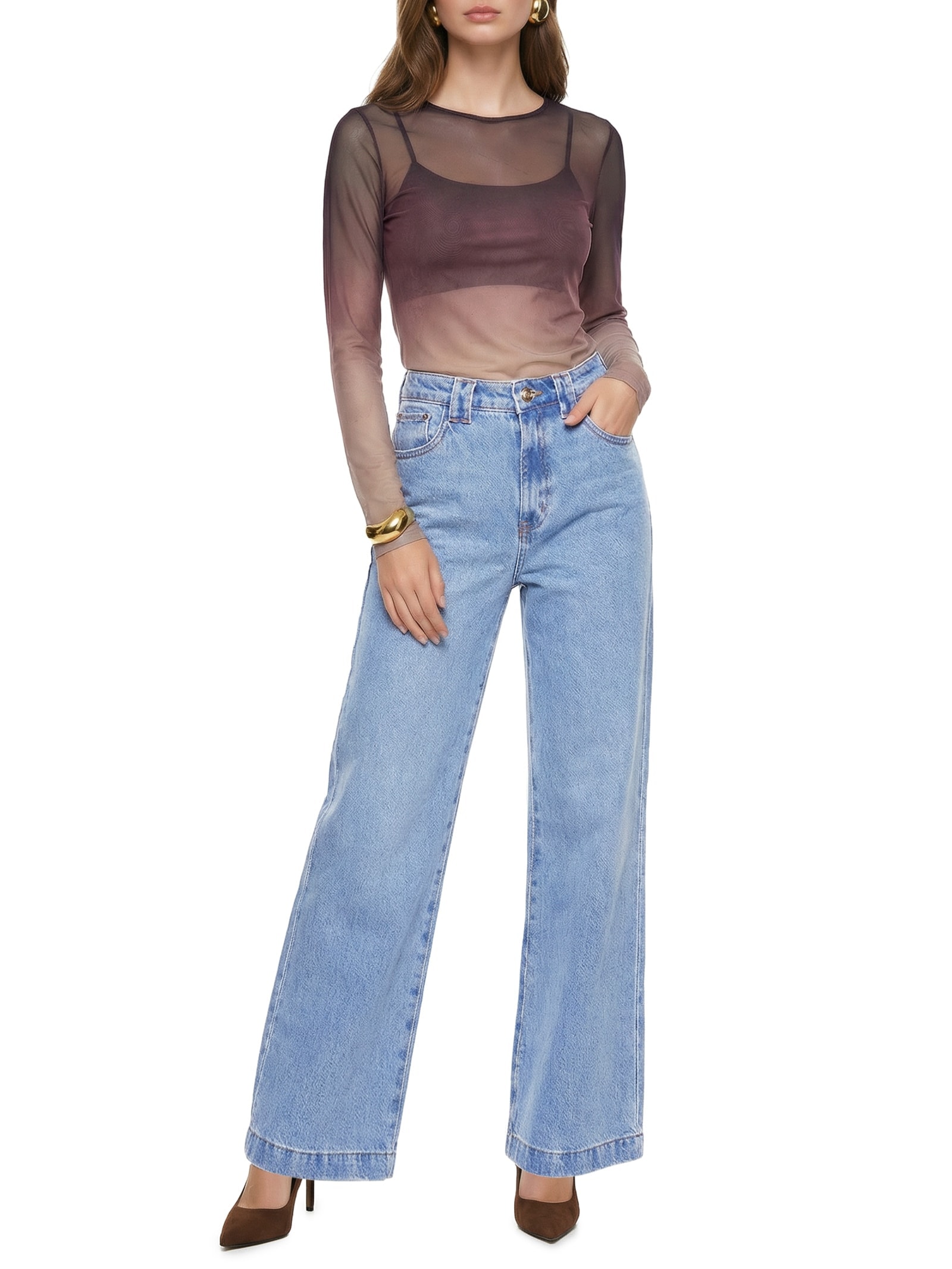 Calça Feminina Jeans Wide Leg High Azul Lança Perfume