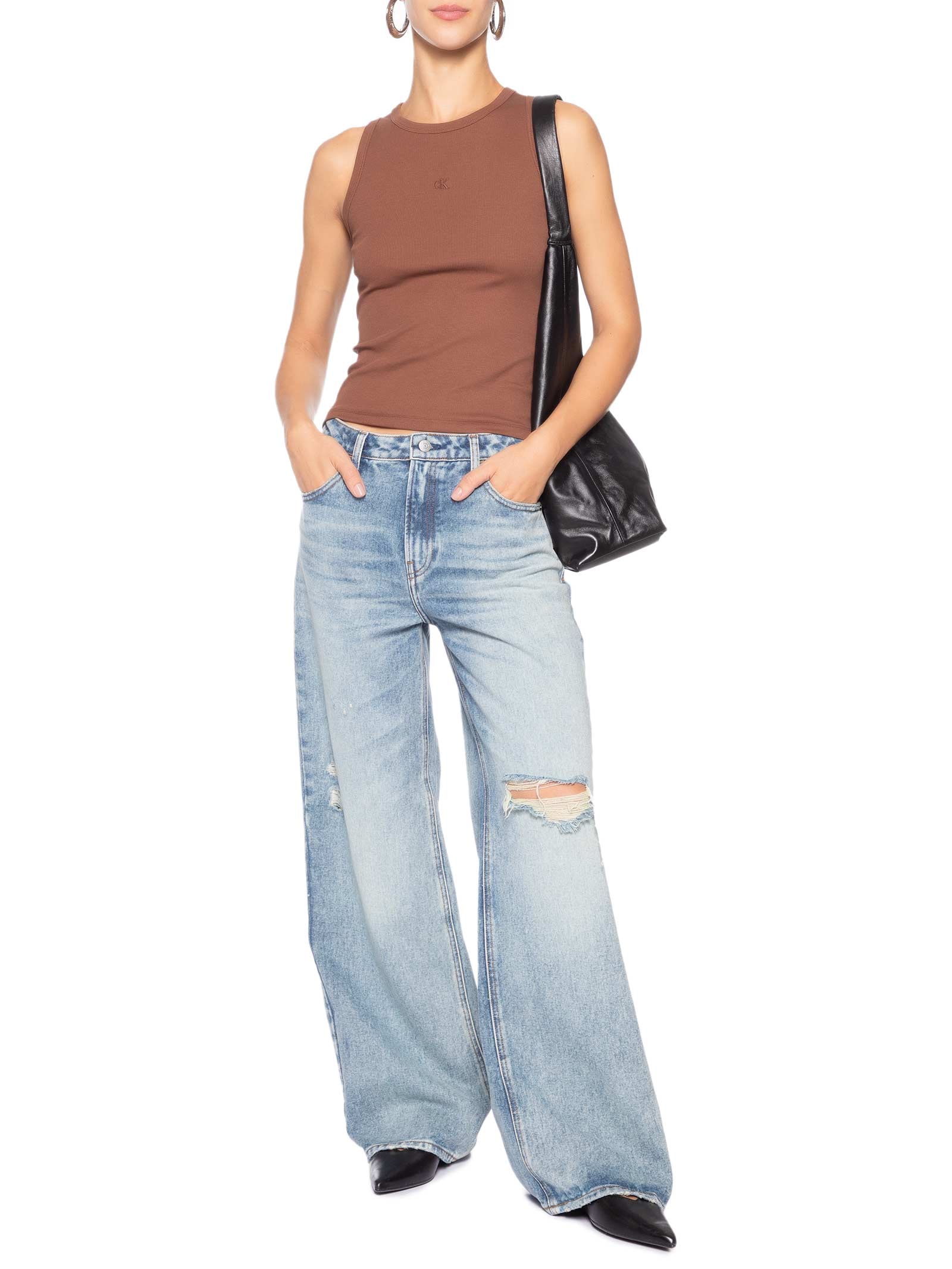 Calça Feminina Jeans Wide Leg Long Rasgos Azul Calvin Klein Jeans