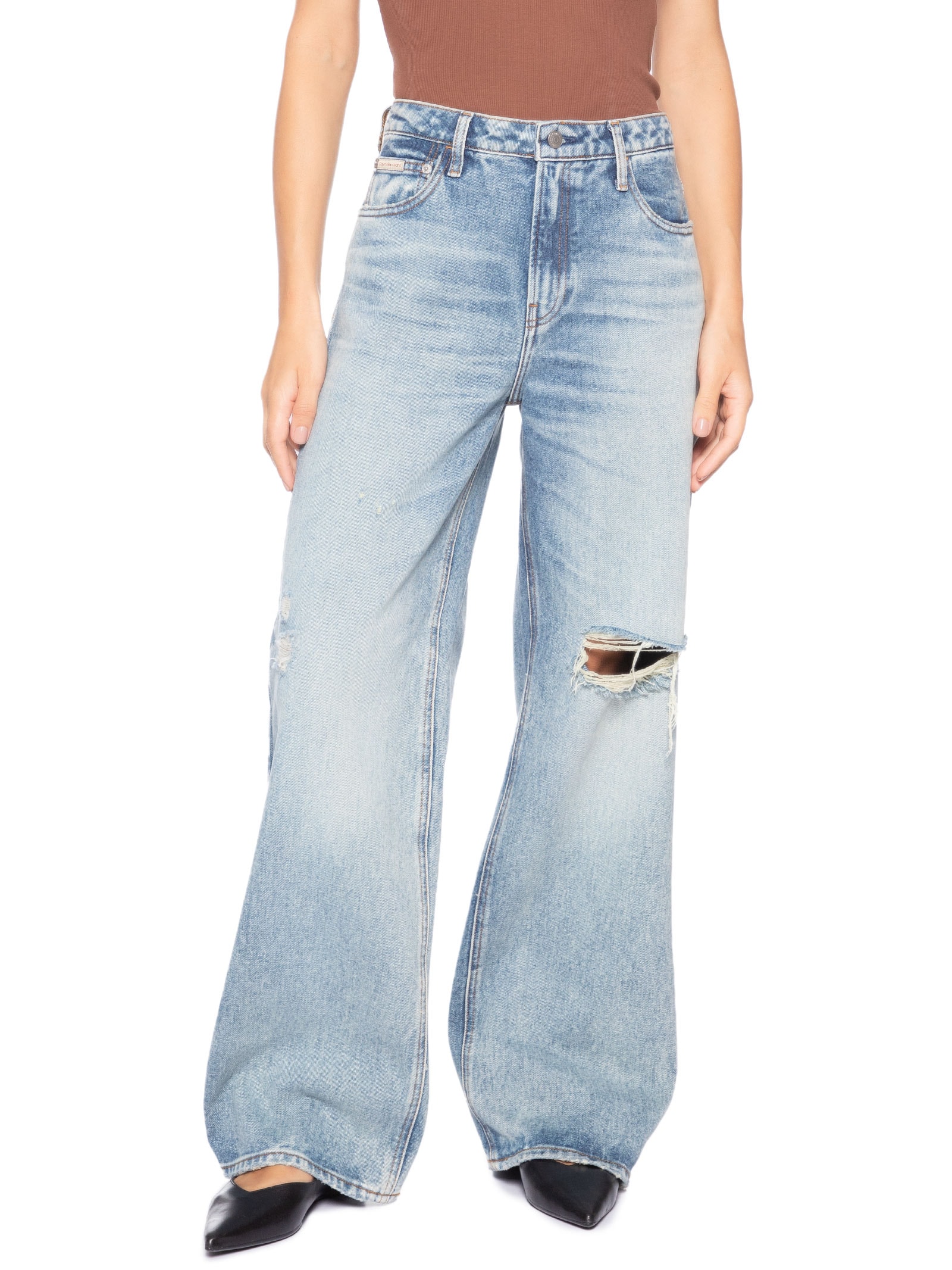 Calça Feminina Jeans Wide Leg Long Rasgos Azul Calvin Klein Jeans