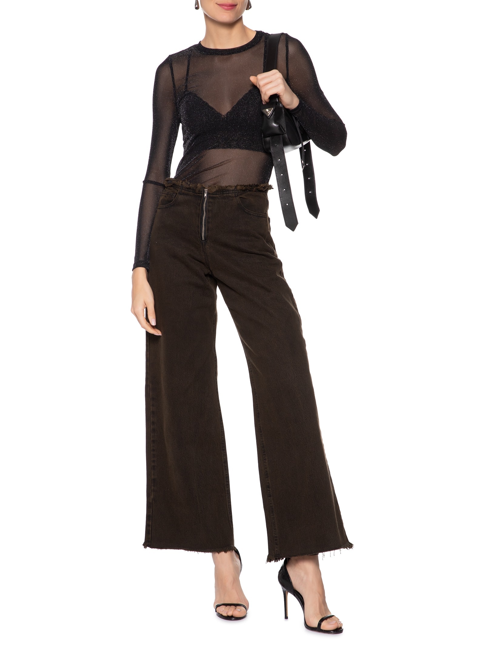 Calça Feminina Jeans Wide Leg Marrom Market 33