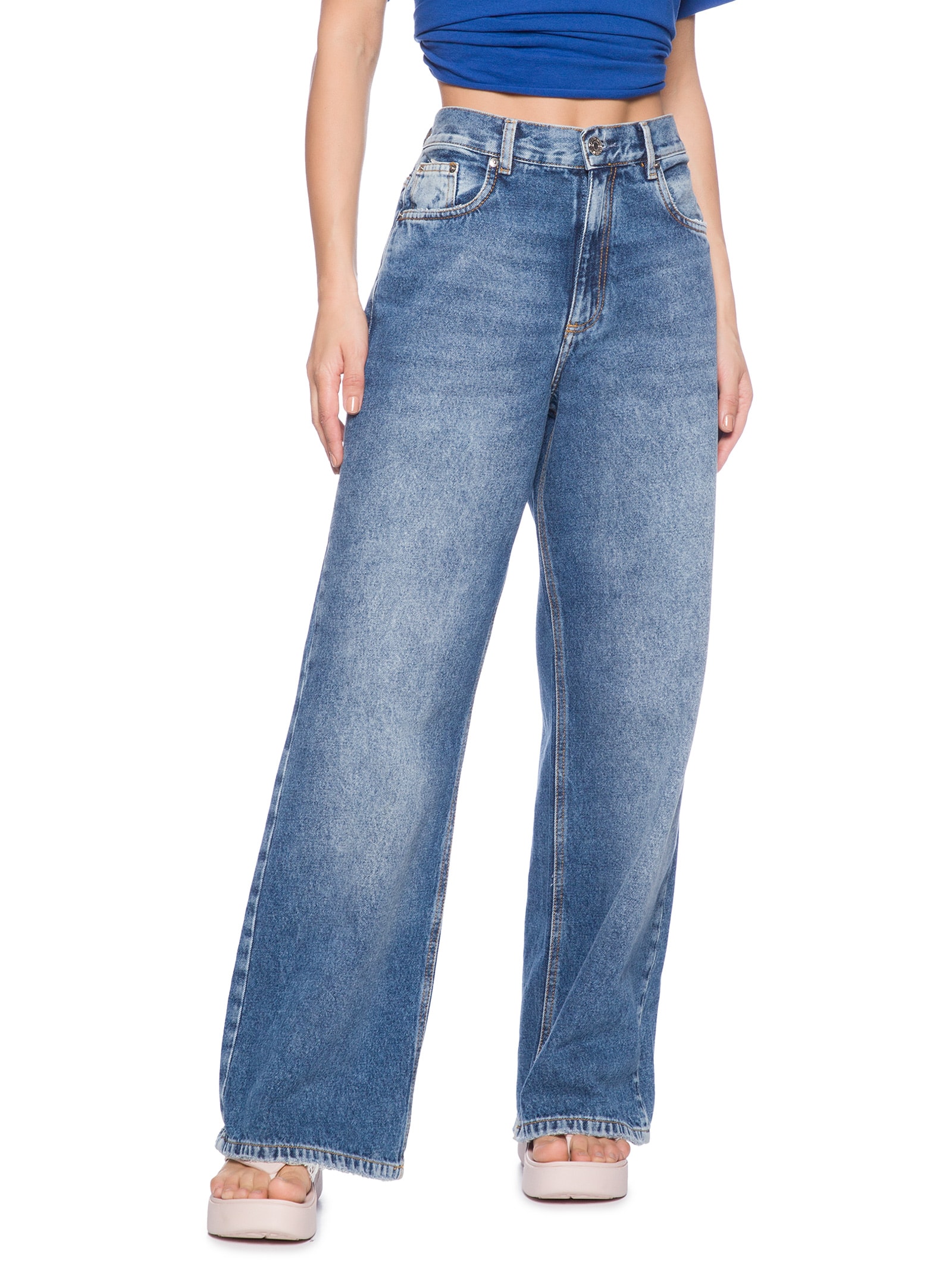 Calça Feminina Jeans Wide Leg Stoned Azul Animale Jeans