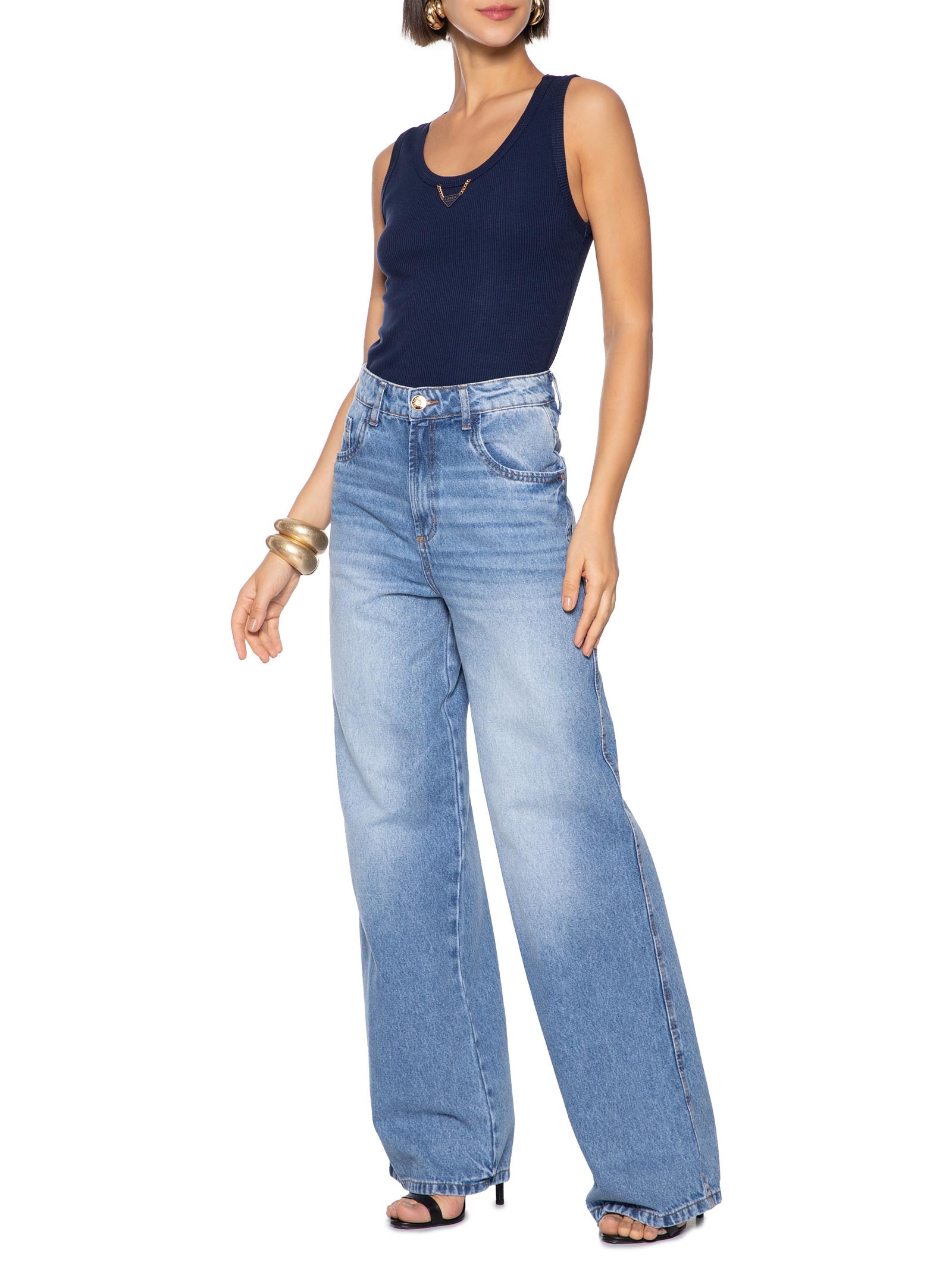 Calça Feminina Jeans Wide Leg Super High Azul Lança Perfume