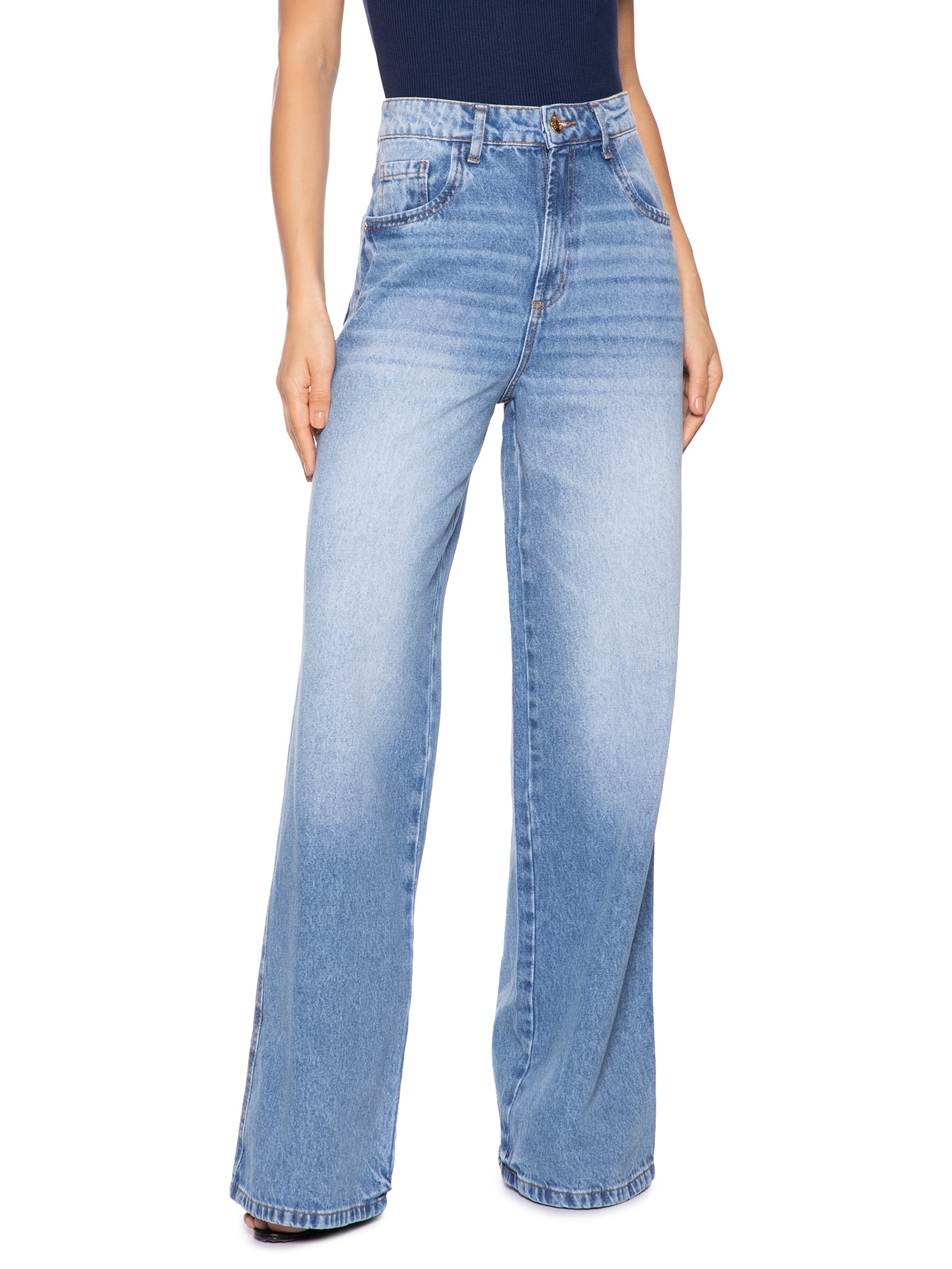 Calça Feminina Jeans Wide Leg Super High Azul Lança Perfume