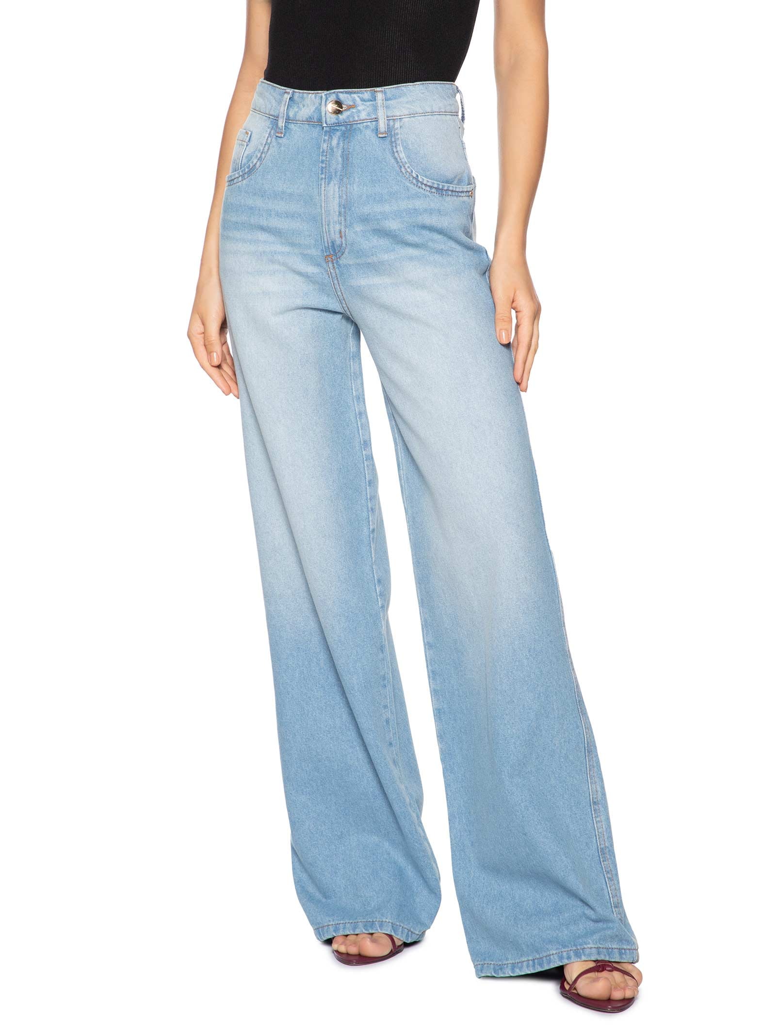 Calça Feminina Jeans Wide Leg Super High Azul Lança Perfume