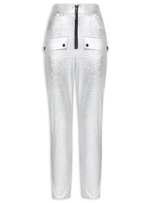 Calça Feminina Like Leather Brilho Bolso Zíper – Prata