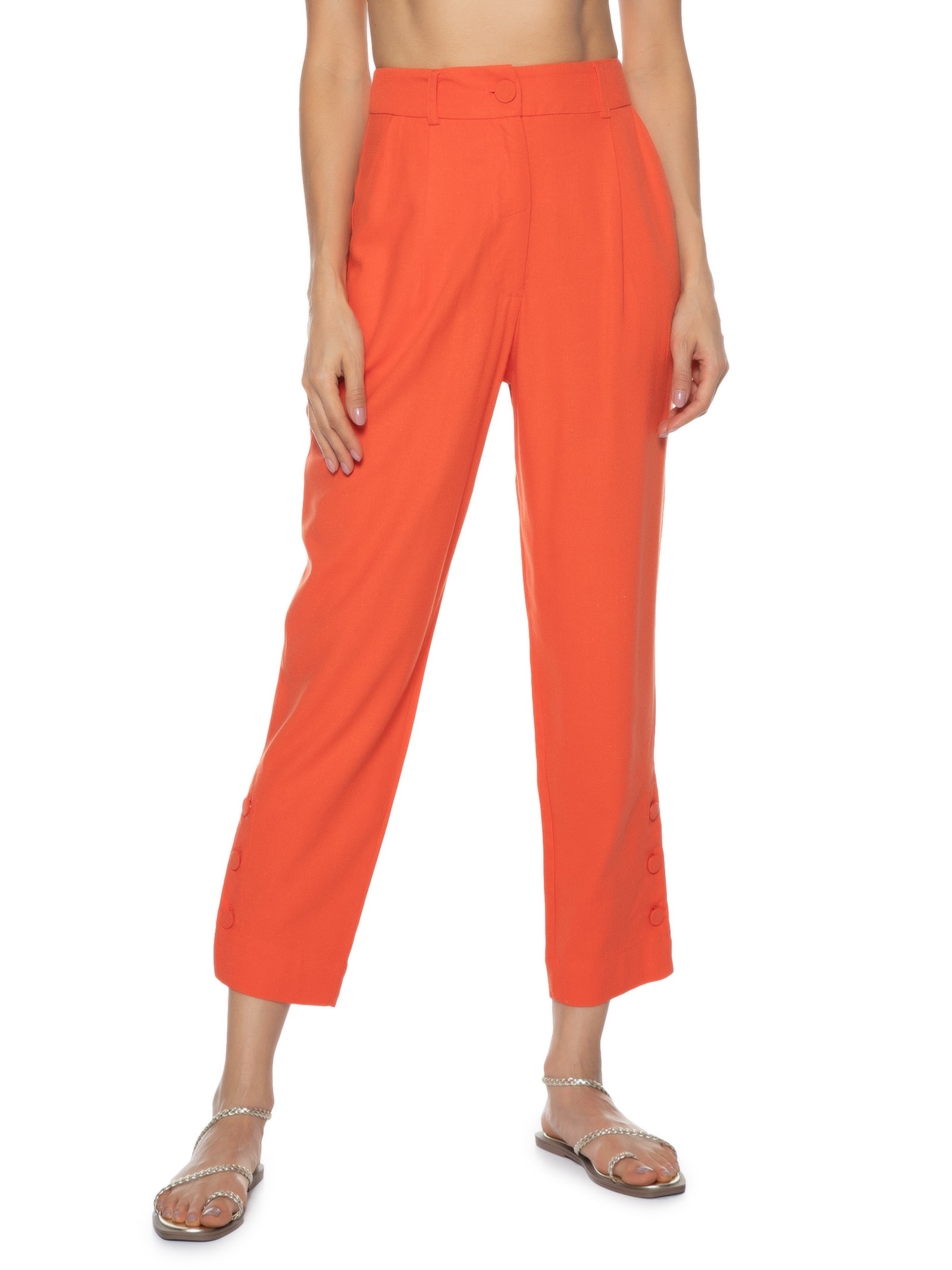 Calça Feminina Linho Abotoamento Perna Vermelho Dress To