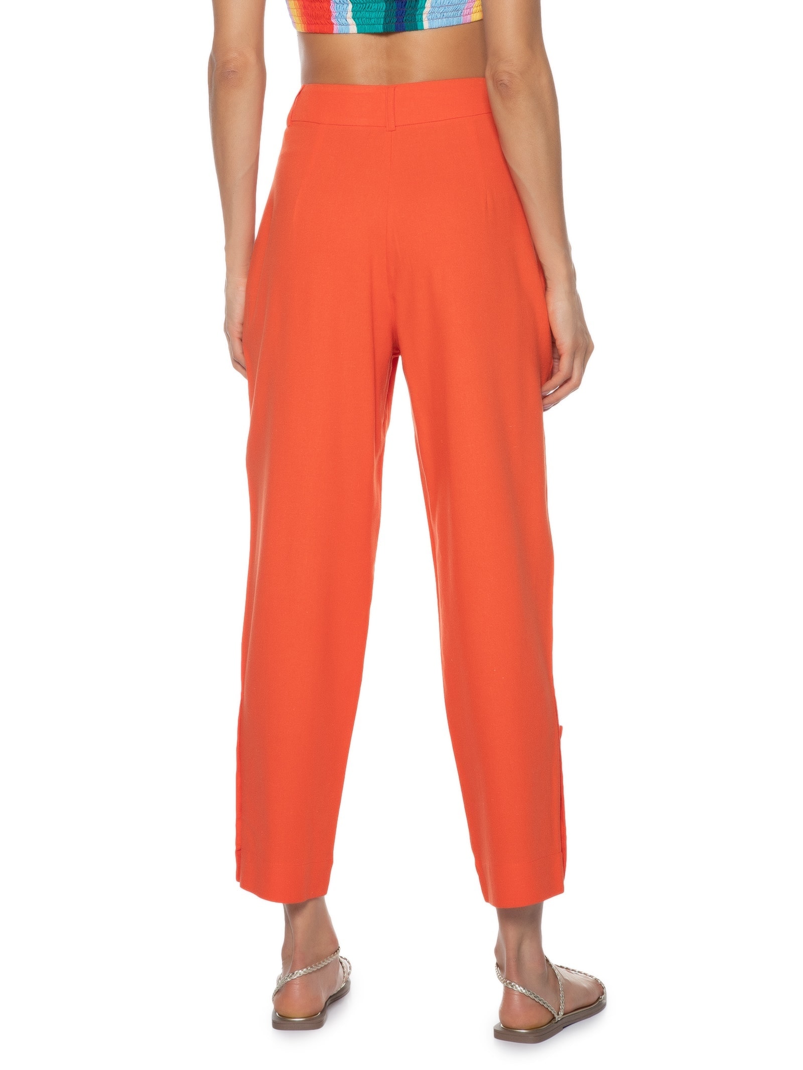 Calça Feminina Linho Abotoamento Perna Vermelho Dress To