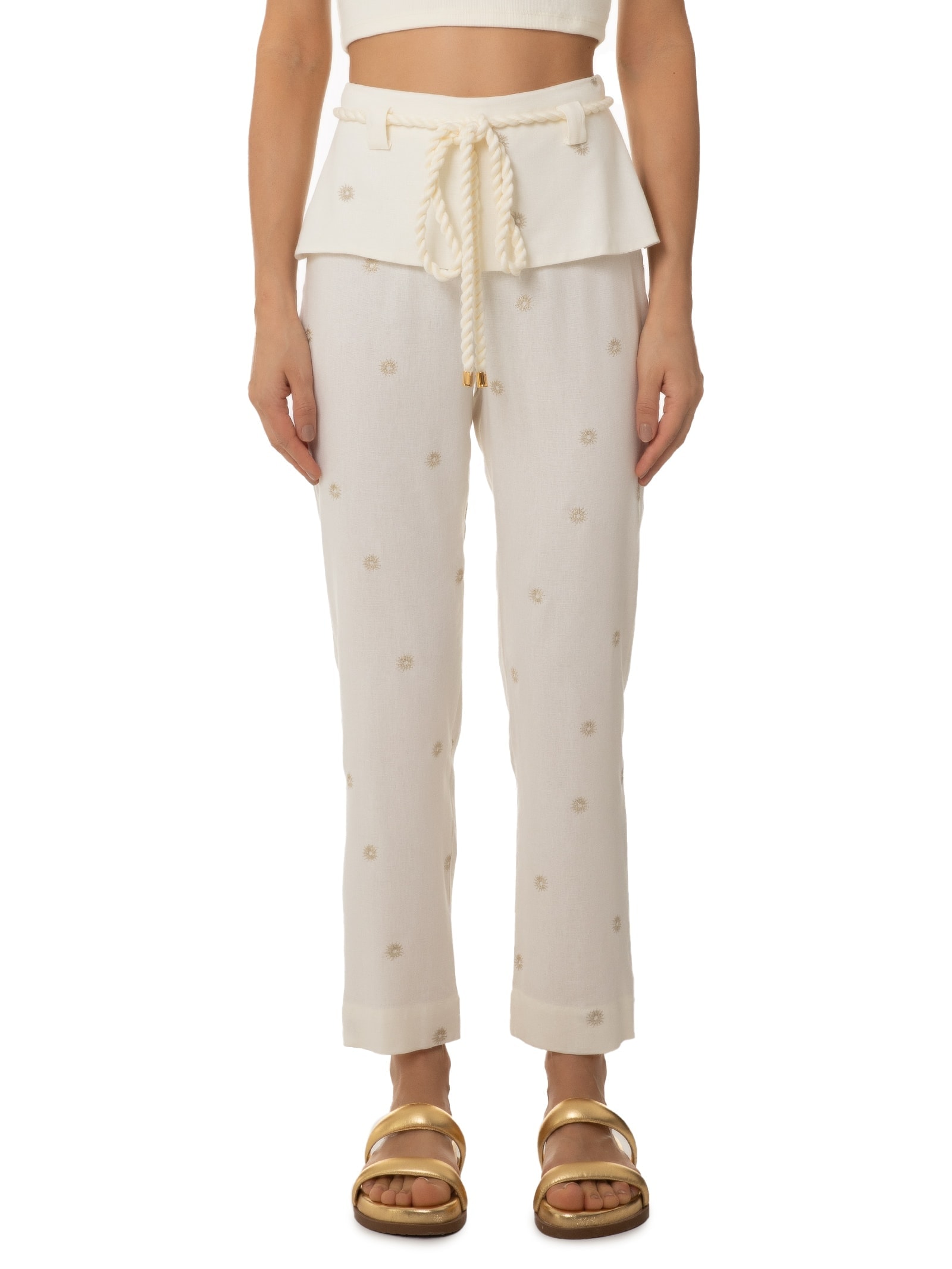 Calça Feminina Linho Bordado Lurex Sol Off White Dress To