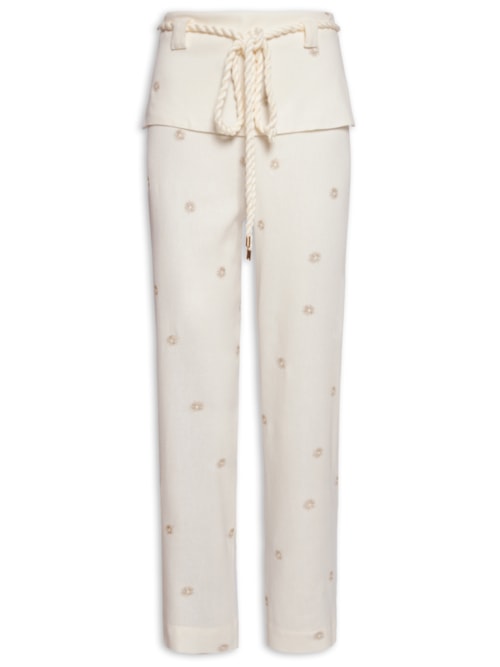 Calça Feminina Linho Bordado Lurex Sol – Off White