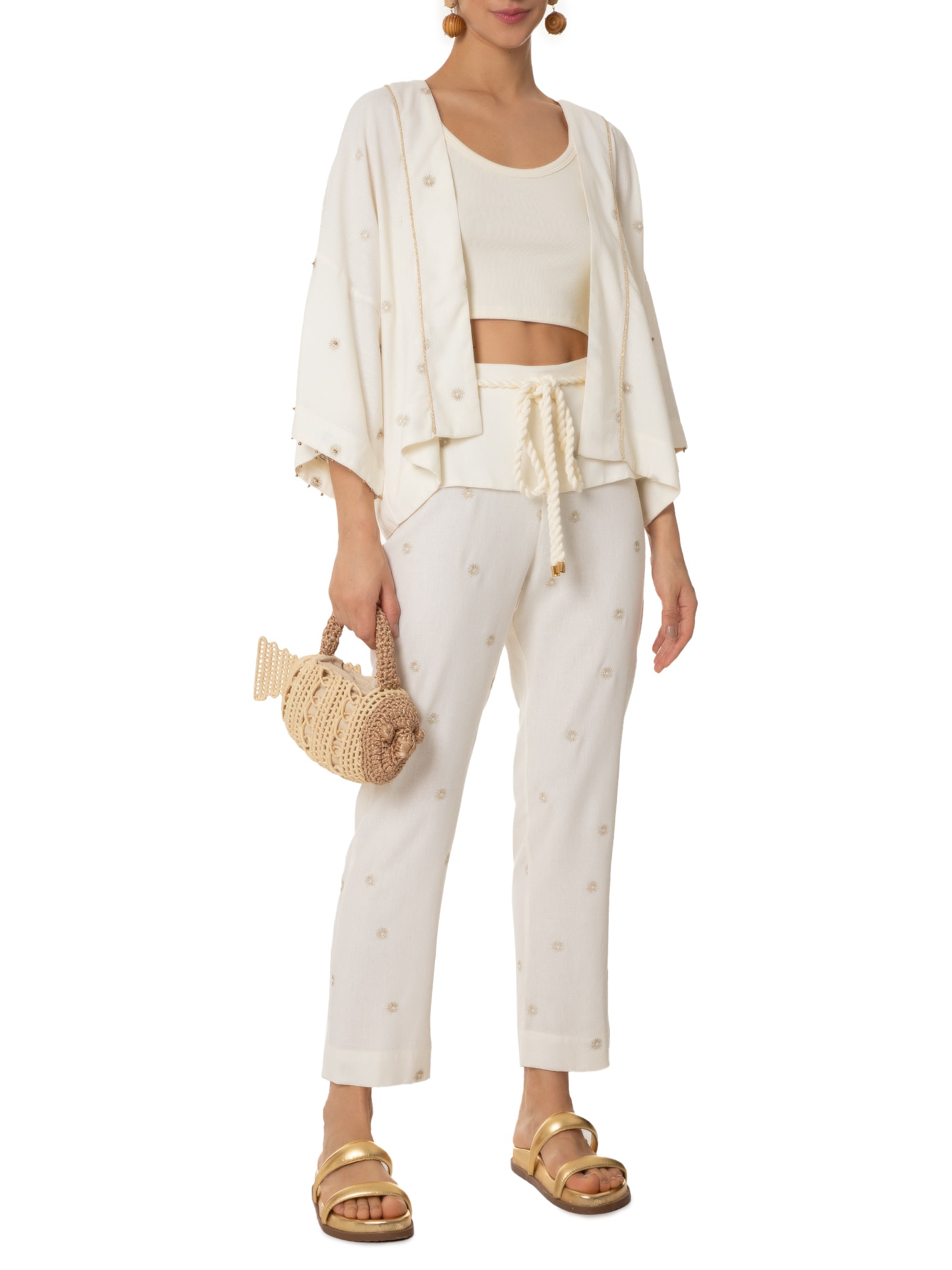 Calça Feminina Linho Bordado Lurex Sol Off White Dress To