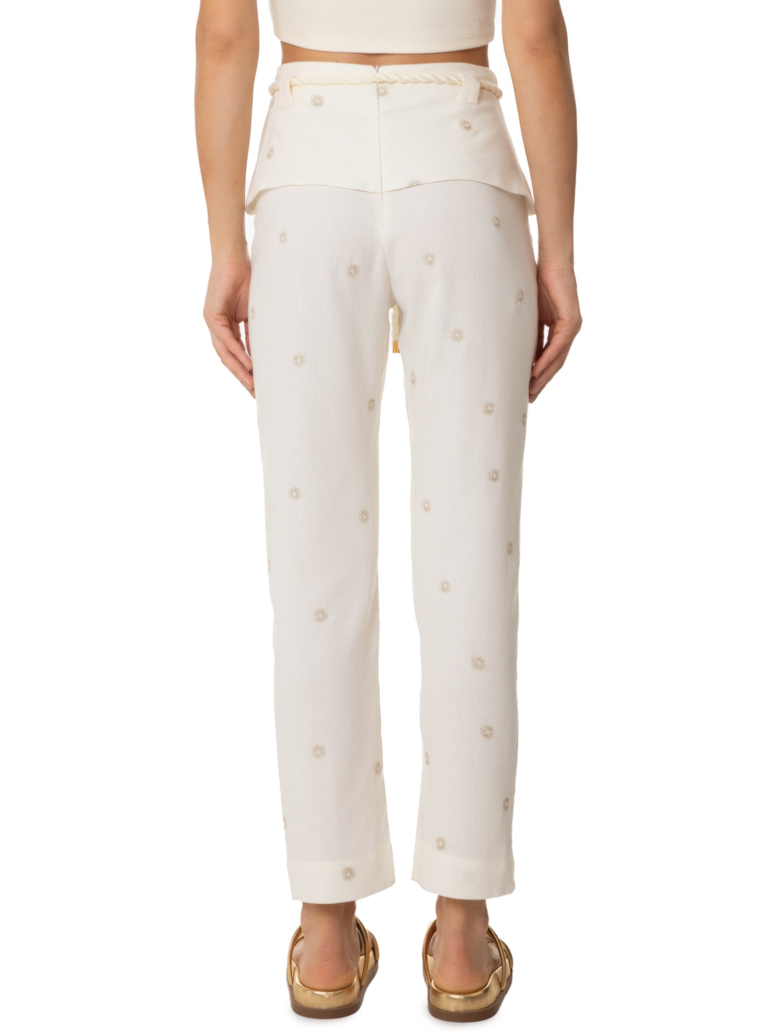 Calça Feminina Linho Bordado Lurex Sol Off White Dress To