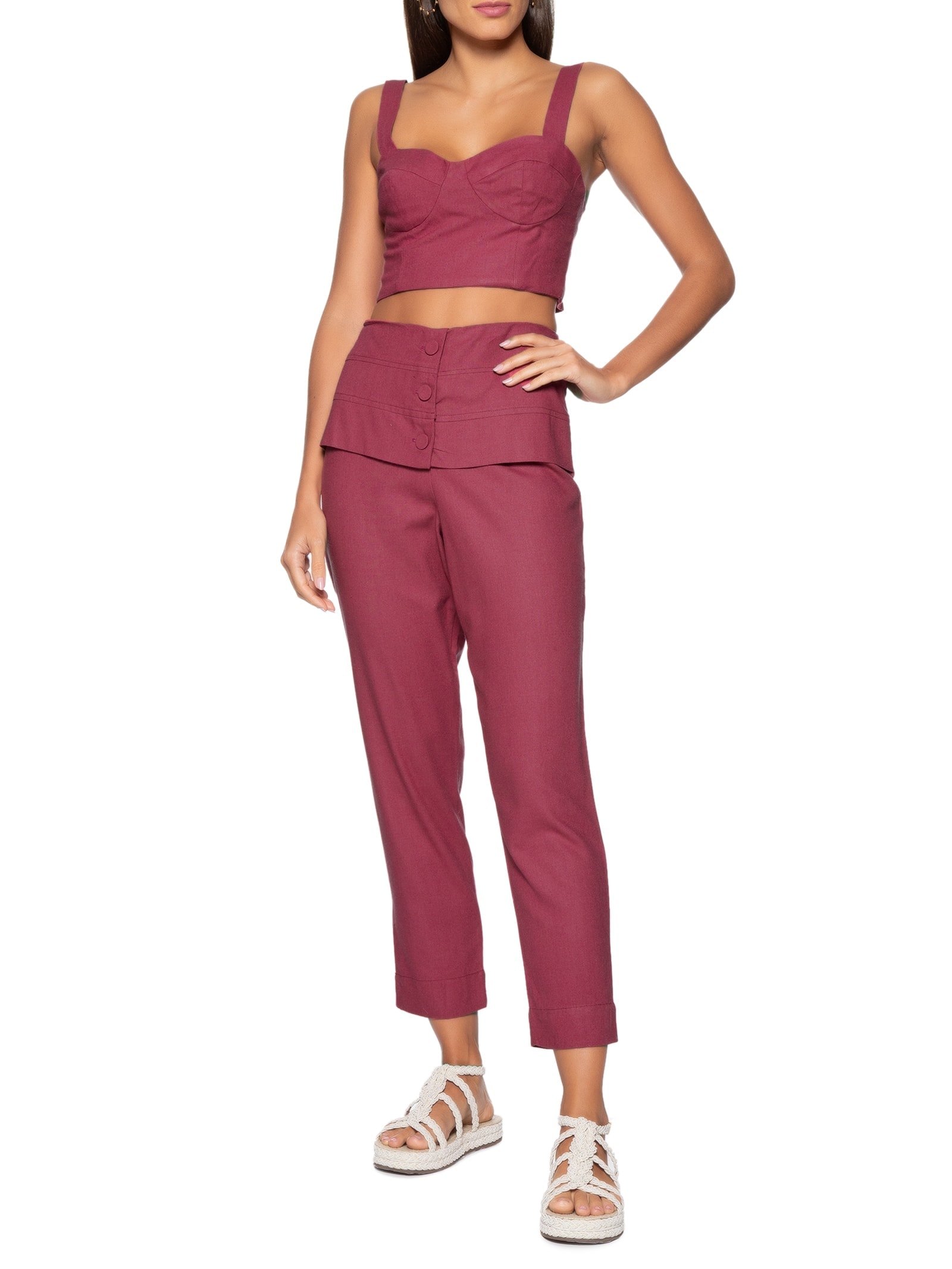 Calça Feminina Linho Botões Frente Rosa Dress To