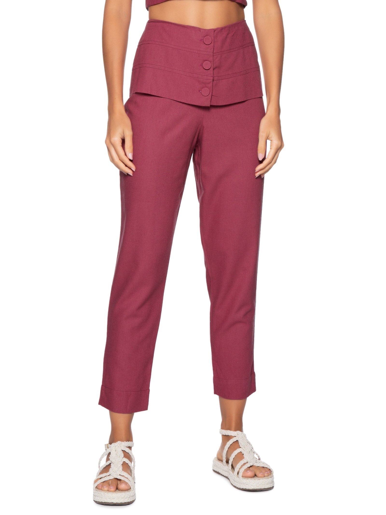 Calça Feminina Linho Botões Frente Rosa Dress To