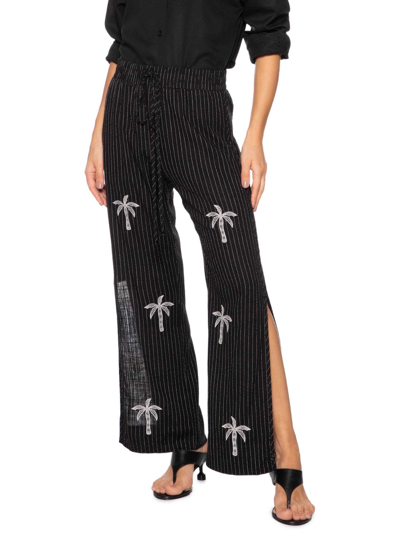 Calça Feminina Linho Listrado Com Bordado Preto Open