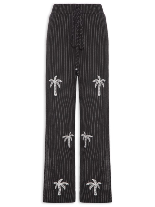 Calça Feminina Linho Listrado Com Bordado – Preto