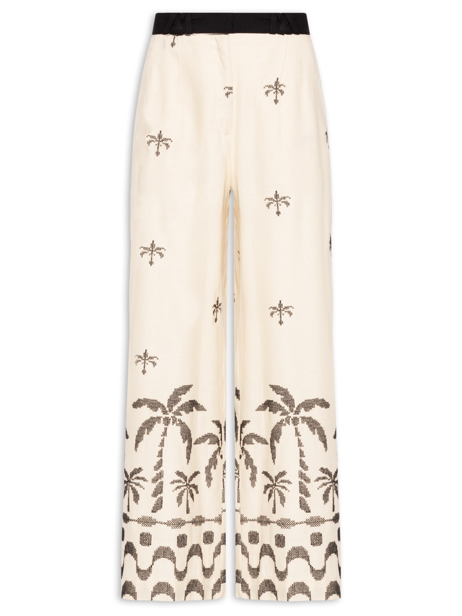 Calça Feminina Linho Pantalona Bordado Orla Bege Dress To