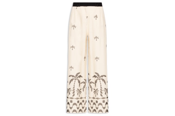 Calça Feminina Linho Pantalona Bordado Orla - Bege