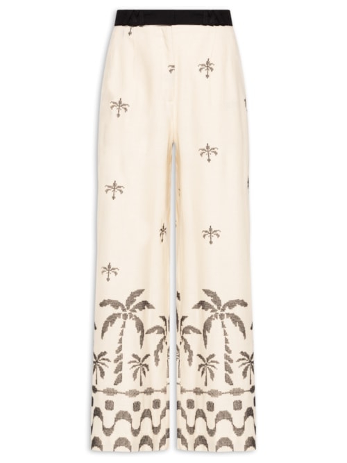 Calça Feminina Linho Pantalona Bordado Orla – Bege