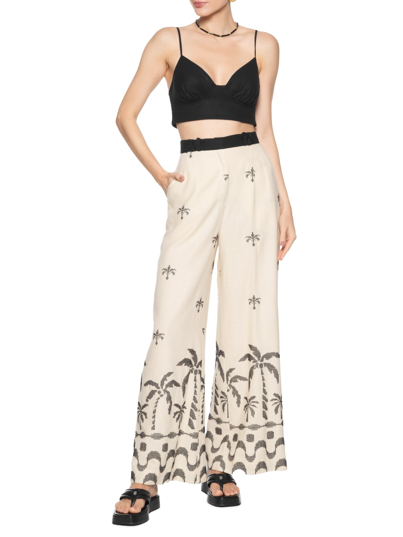 Calça Feminina Linho Pantalona Bordado Orla Bege Dress To