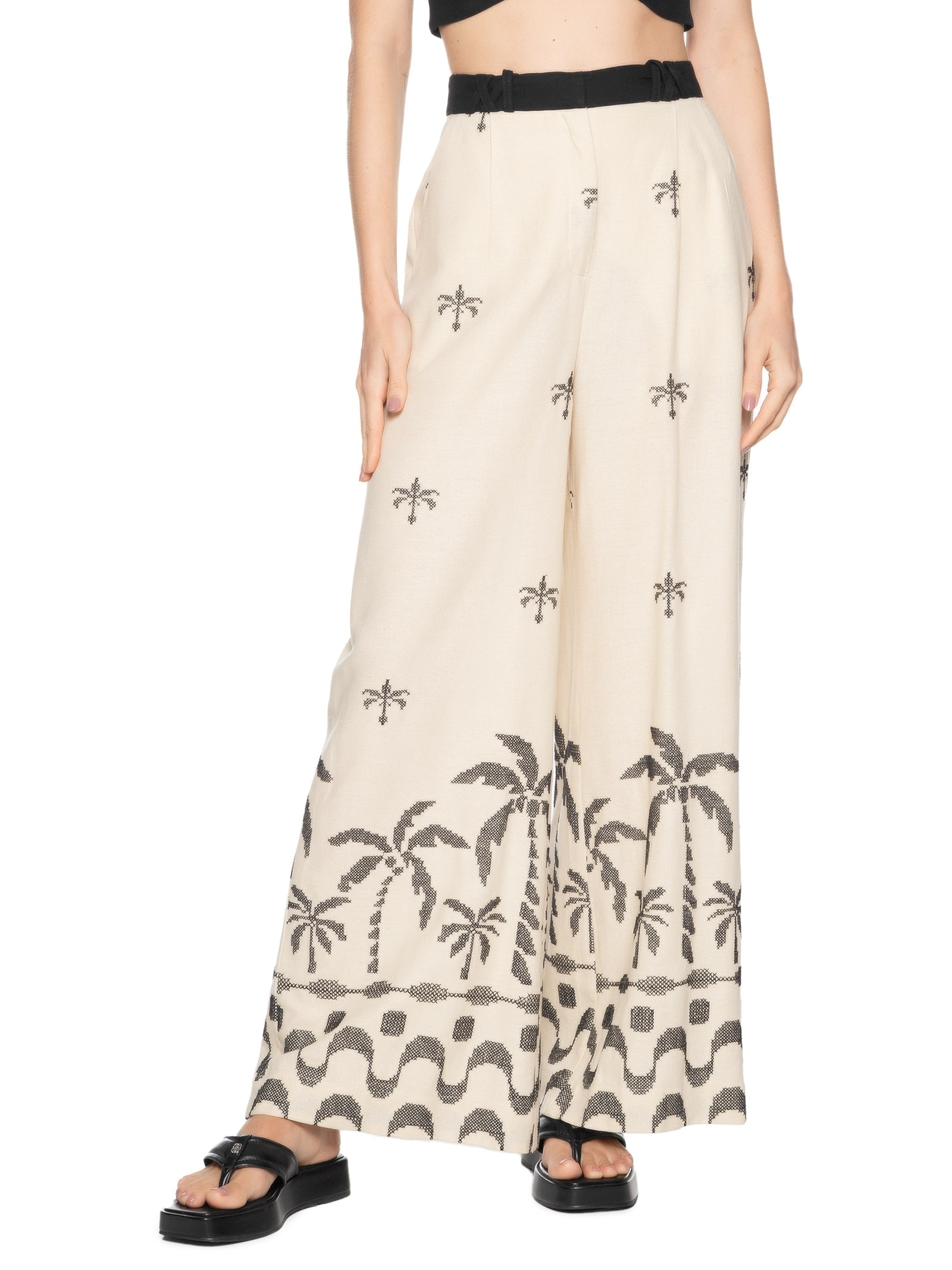 Calça Feminina Linho Pantalona Bordado Orla Bege Dress To