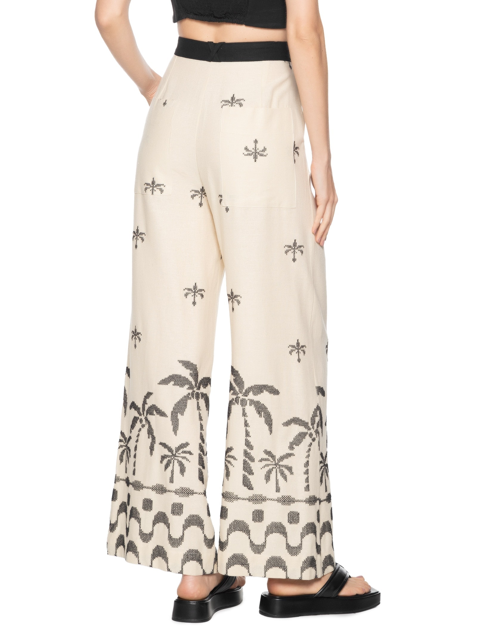 Calça Feminina Linho Pantalona Bordado Orla Bege Dress To